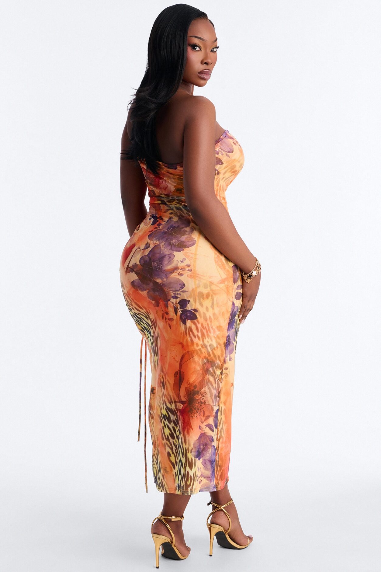 Kala Animal Mesh Midi Dress - Orange/combo