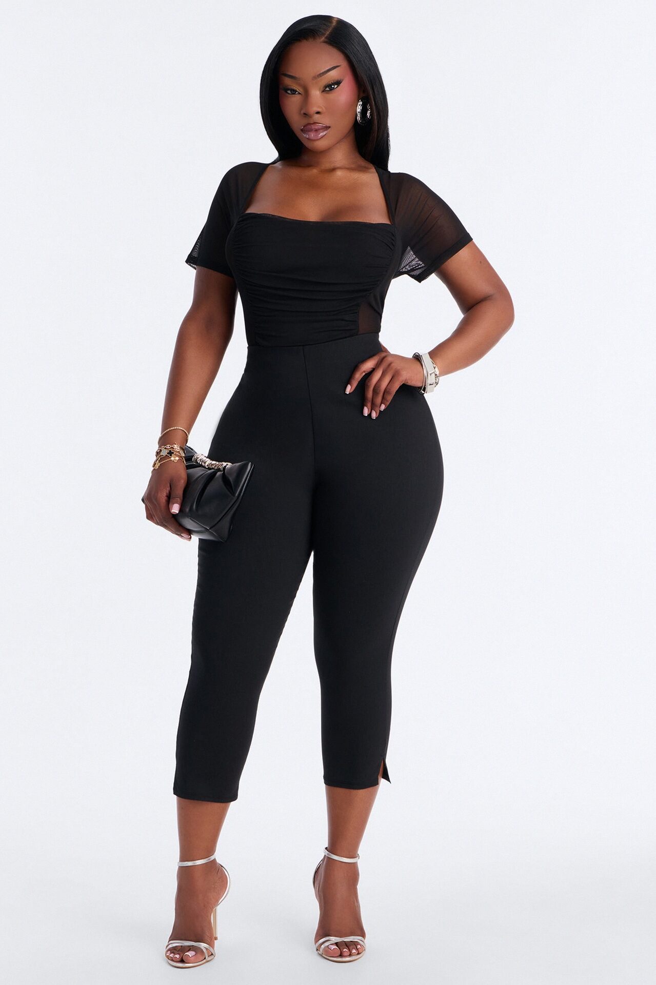Lilly Ruched Sheer Mesh Short Sleeve Bodysuit - Black