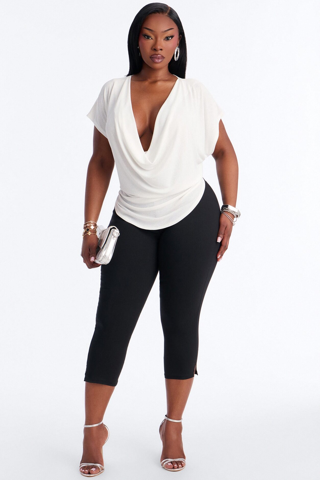 Casey Deep V-Neck Short Sleeve Top - White