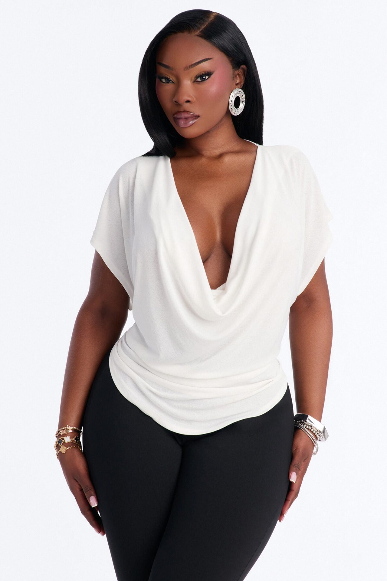 Casey Deep V-Neck Short Sleeve Top - White