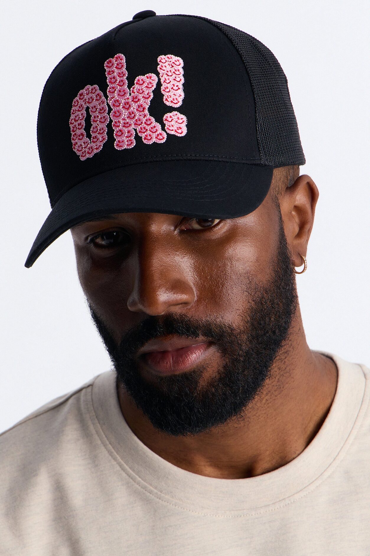 Smiling Ok Patch Snapback Trucker Hat - Black