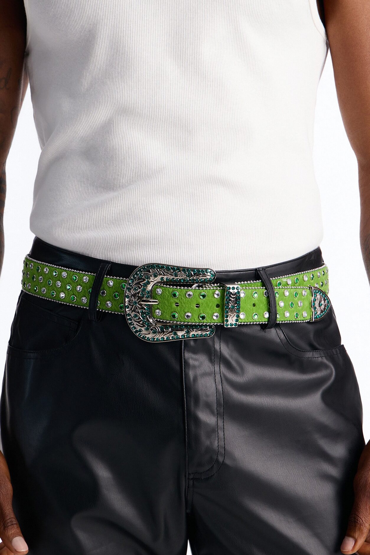 Rhinestone Embellished Faux Pony Hair Western Buckle Belt - Green