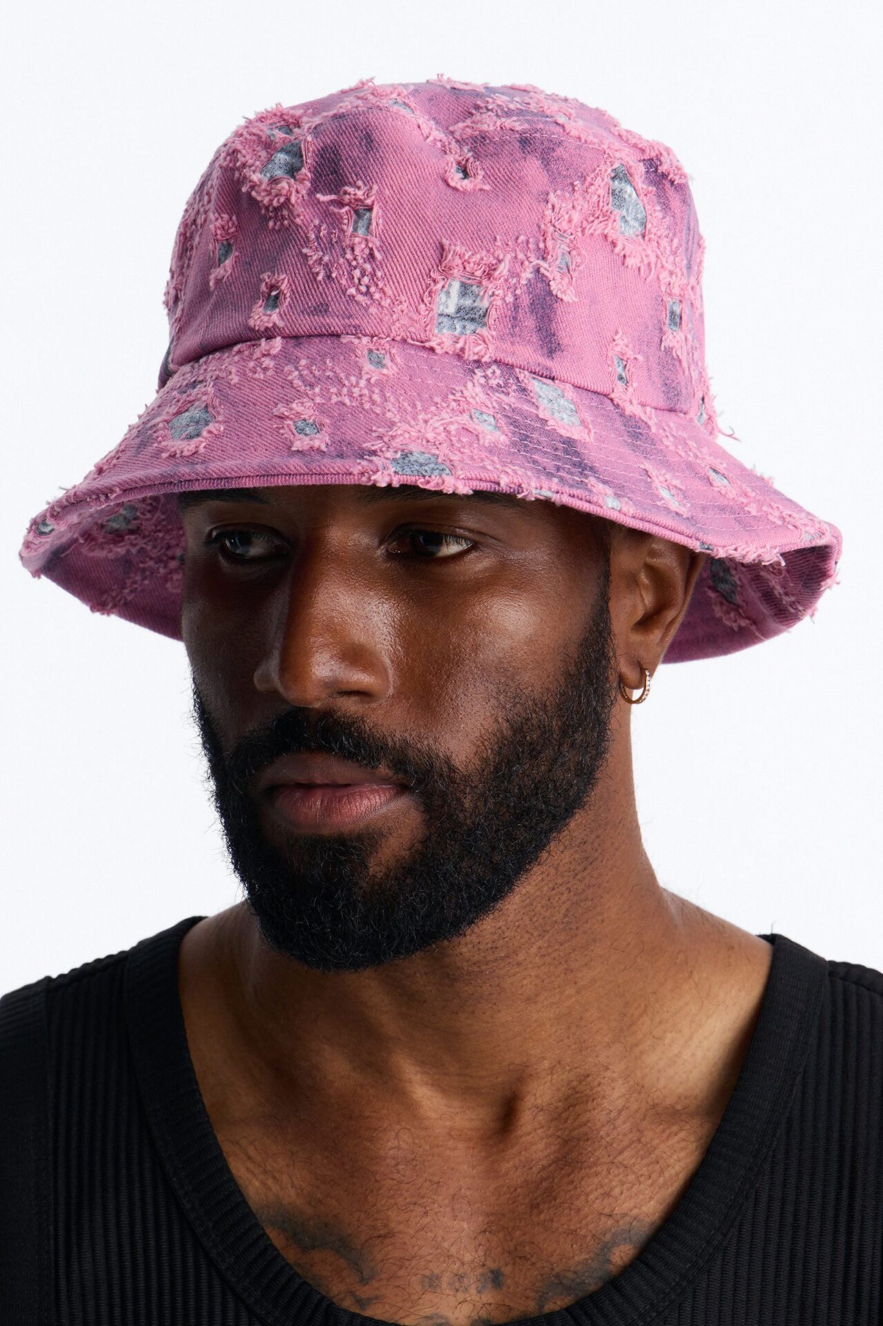 Distressed Detail Washed Denim Bucket Hat - Pink
