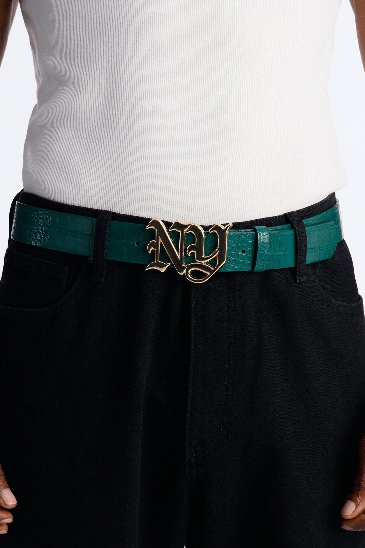 NY Initial Buckle Crocodile Embossed Faux Leather Belt - Green/combo