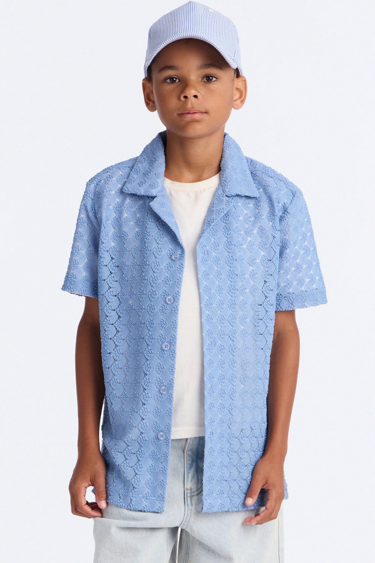 Mini Take The Leap Textured Button Down Shirt - Slate Blue