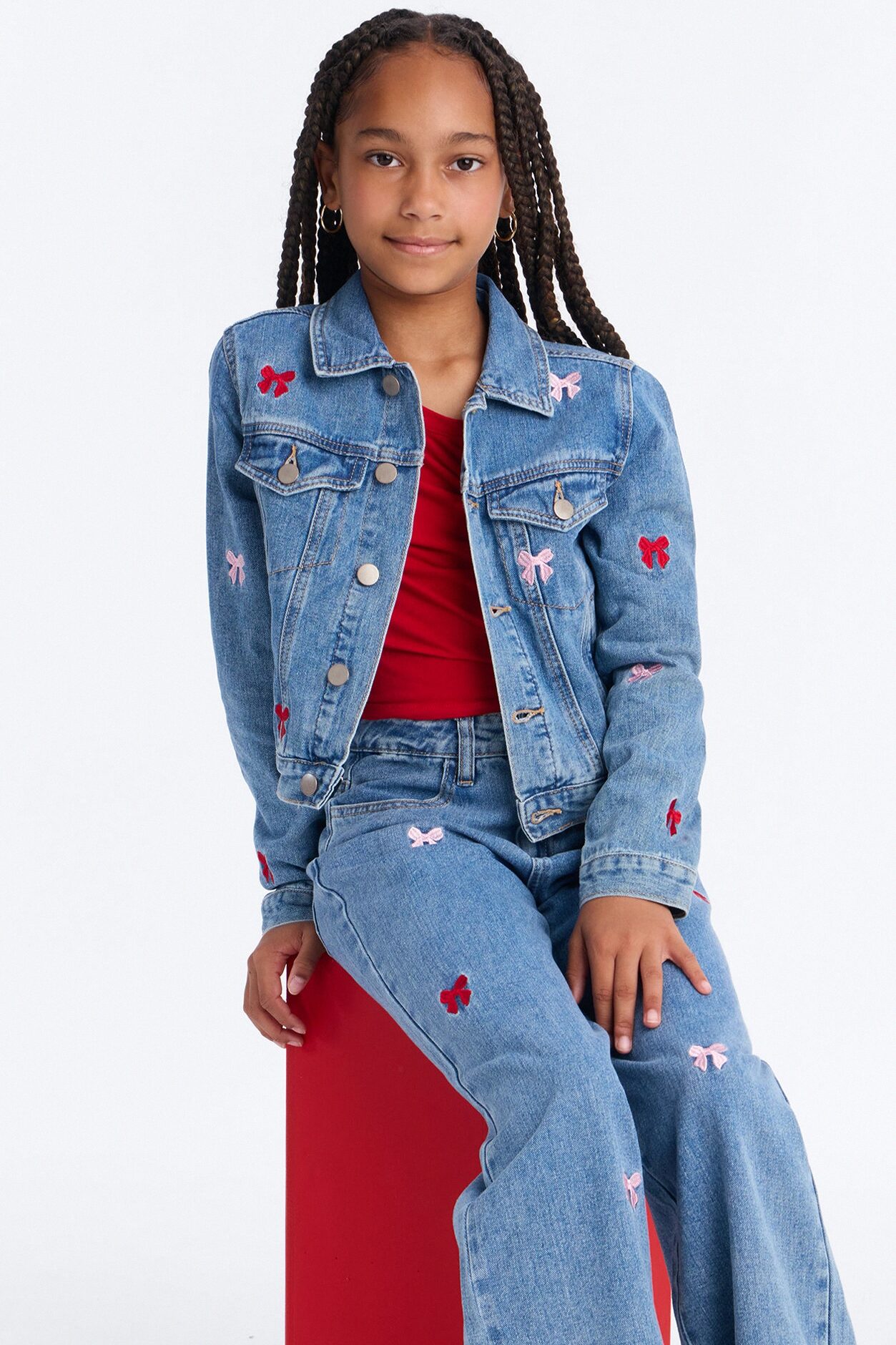 Mini Clara Embroidered Bow Denim Jacket - Light Wash