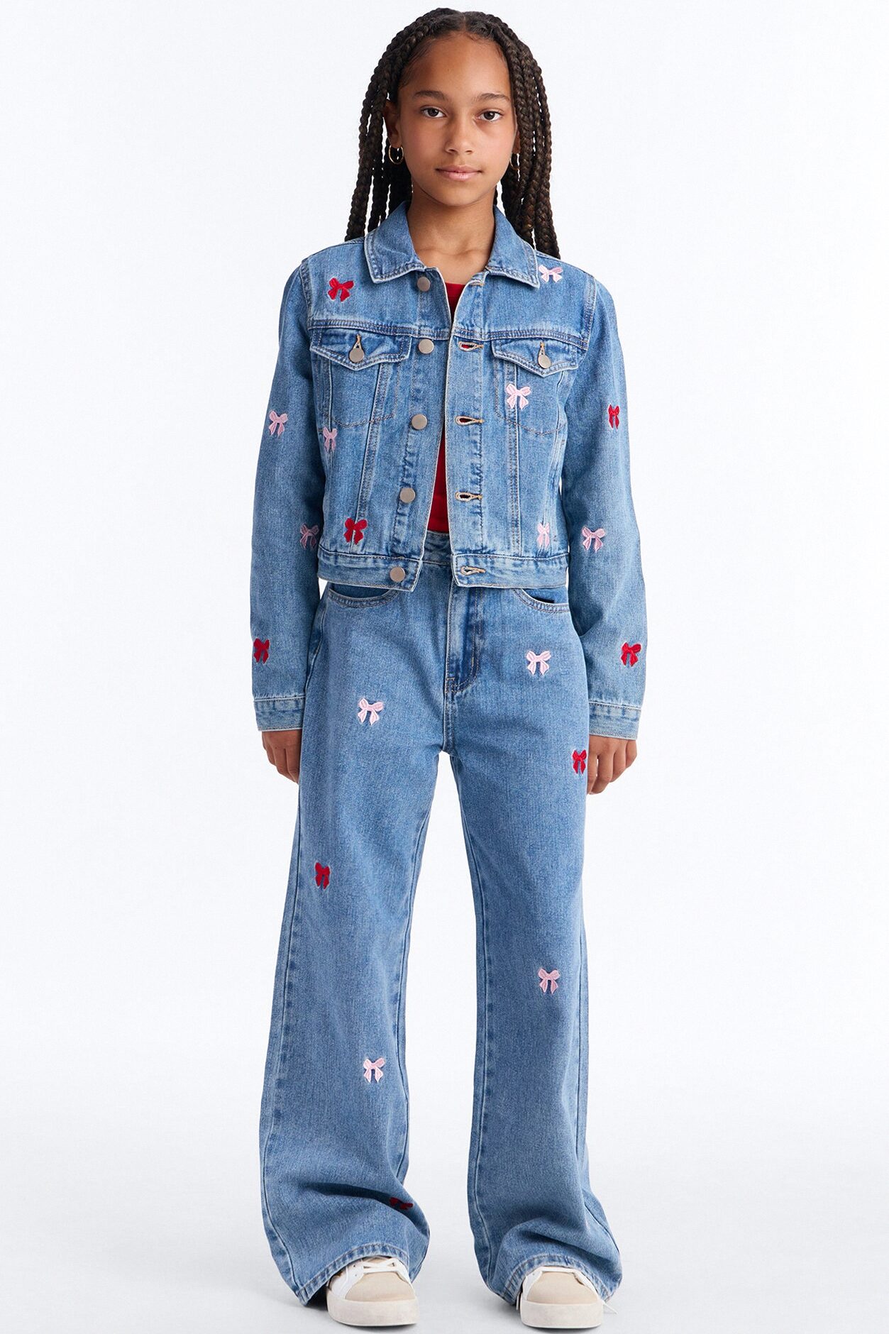 Mini Clara Embroidered Bow Denim Jacket - Light Wash