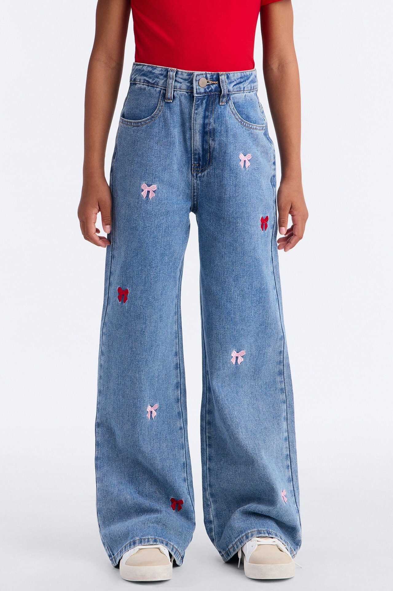 Mini Clara Embroidered Bow Straight Leg Jeans - Light Wash