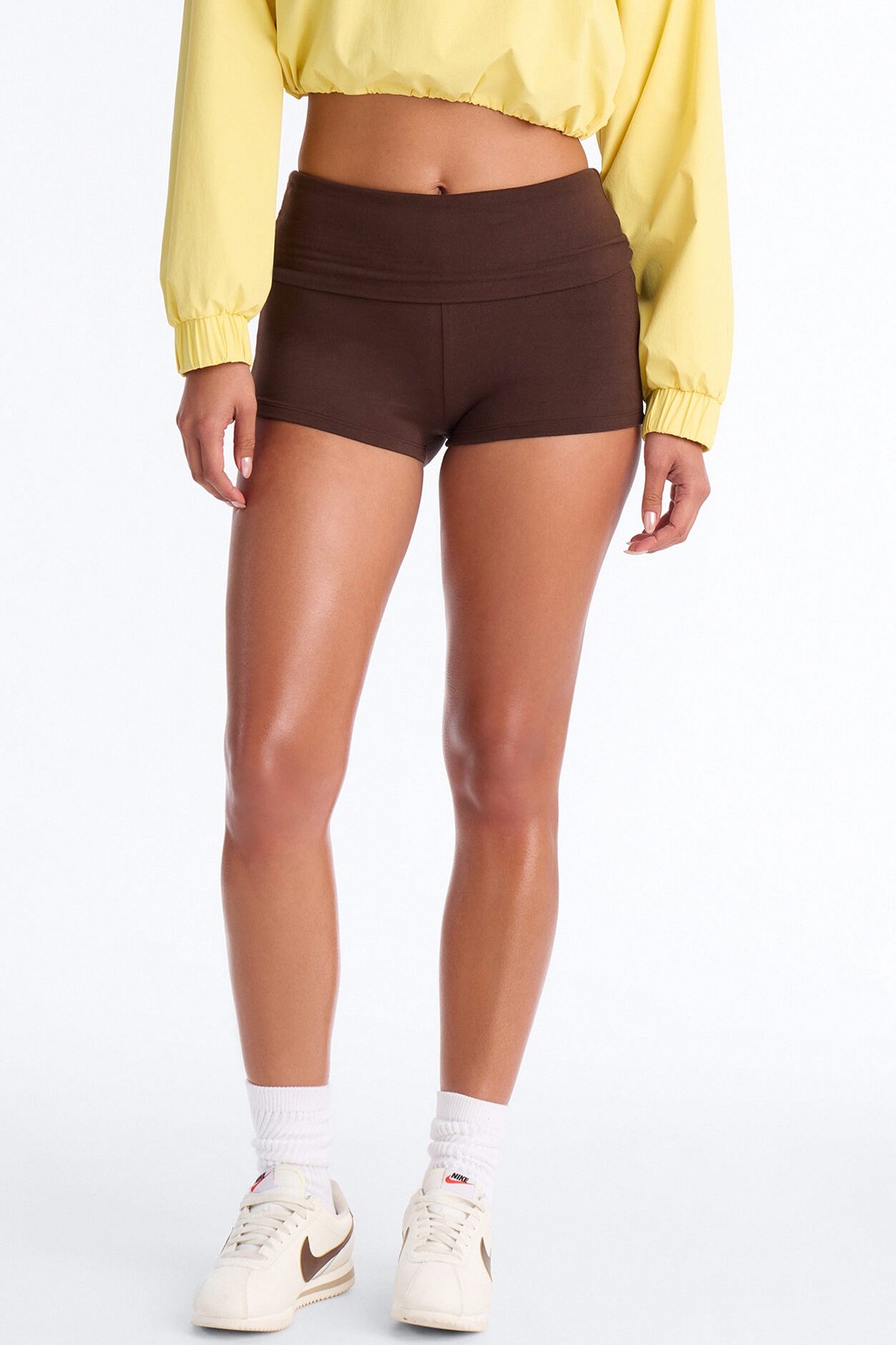 Staying In Mid Rise Fold Over Biker Shorts - Chocolate