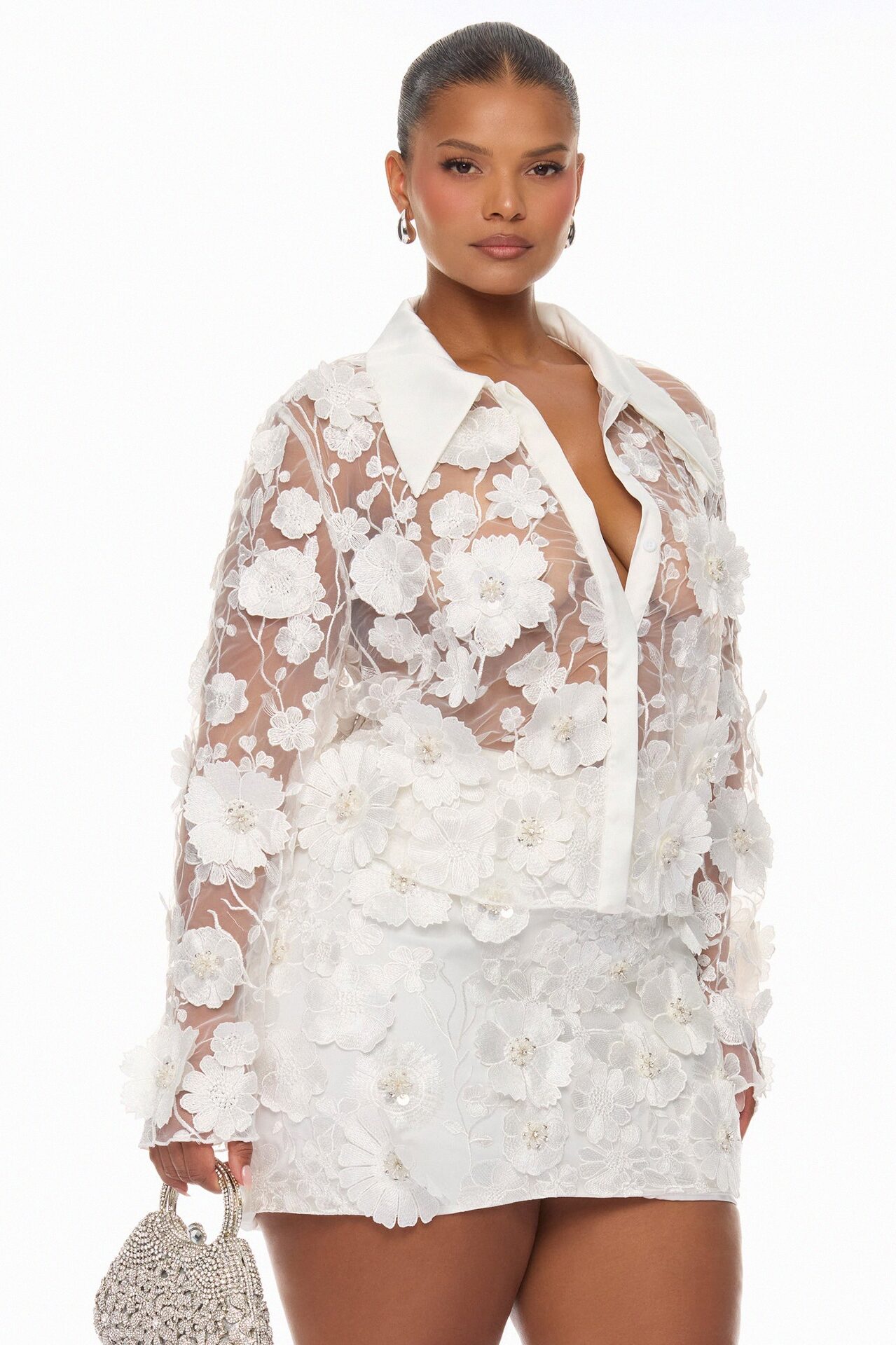Flower Fields Embroidered Skirt Set - White
