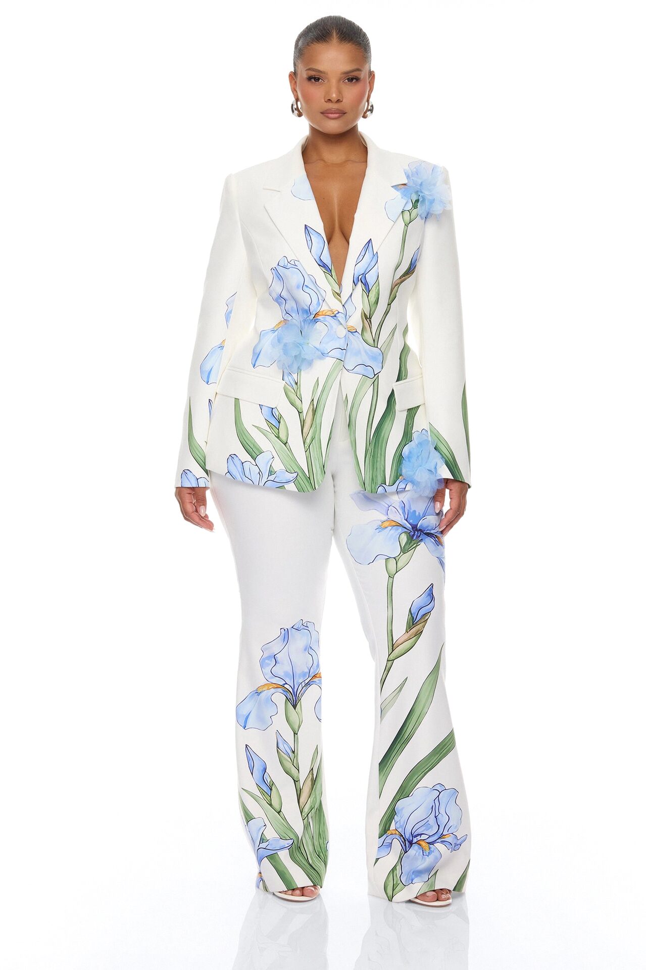 Floral Fantasy Crepe Blazer Pant Set - Blue/combo