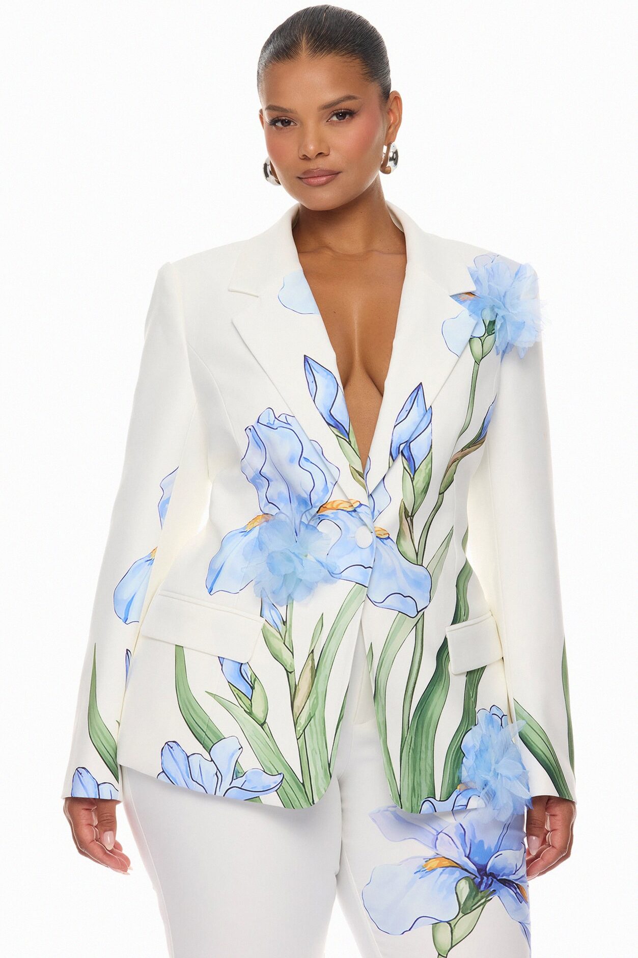 Floral Fantasy Crepe Blazer Pant Set - Blue/combo