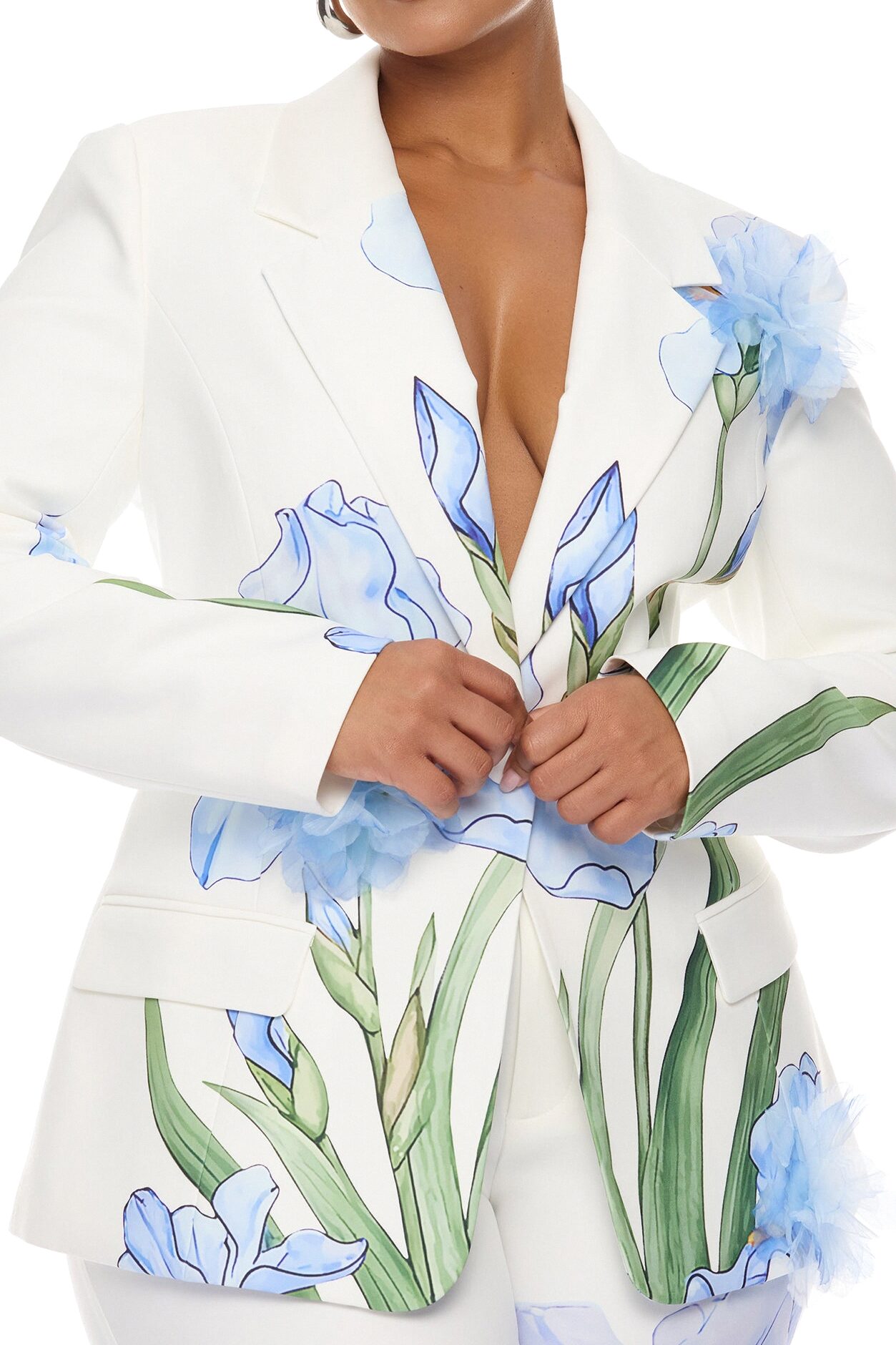 Floral Fantasy Crepe Blazer Pant Set - Blue/combo