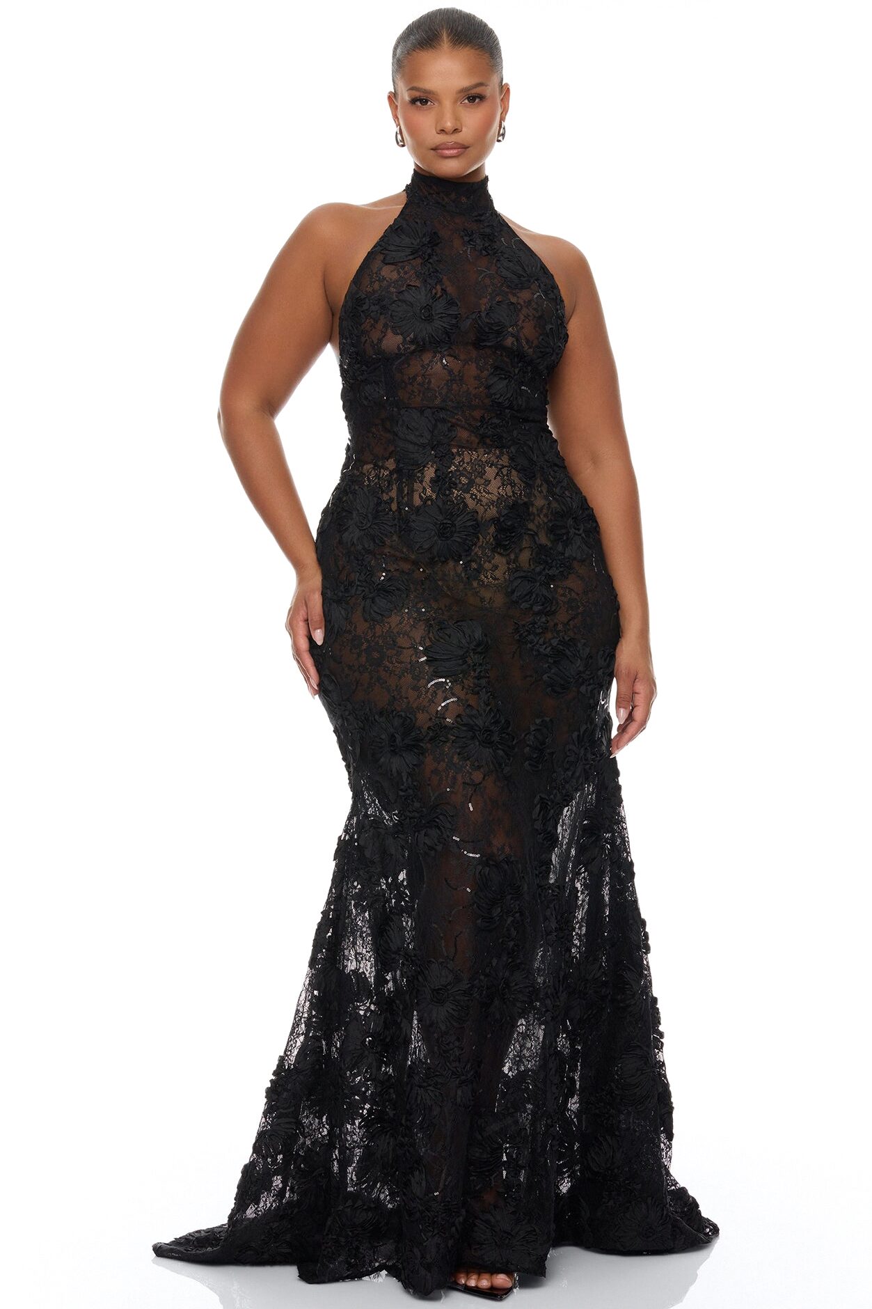 Marlene Sheer Lace Maxi Dress - Black