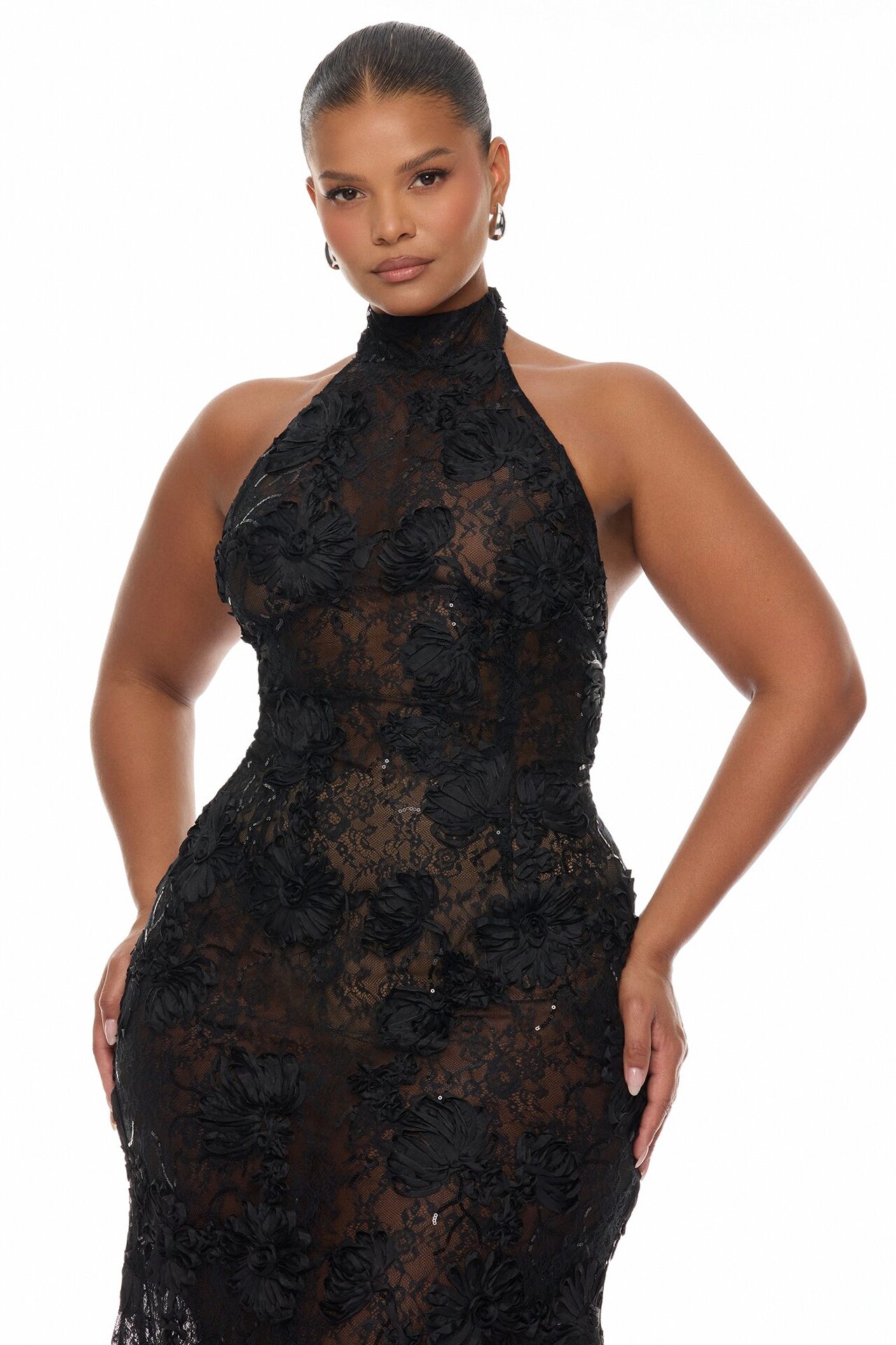 Marlene Sheer Lace Maxi Dress - Black