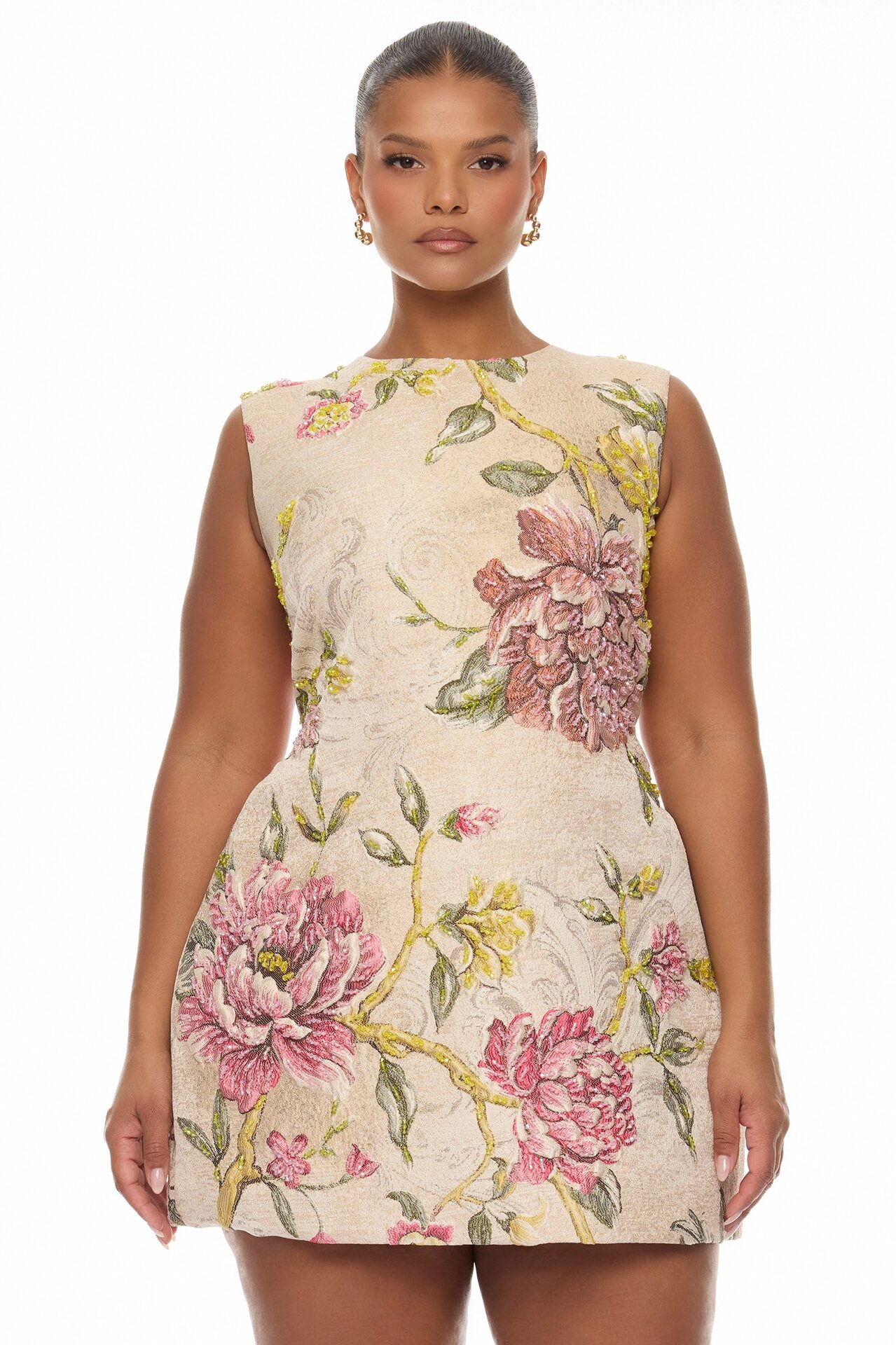 Riannon Jacquard Embellished Mini Dress - Taupe