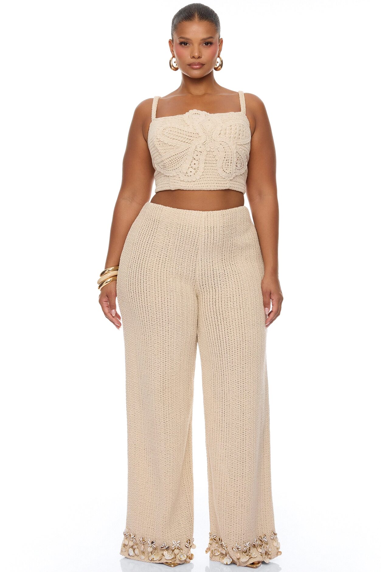 Coastal Vibe Shell Crochet Pant Set - Sand