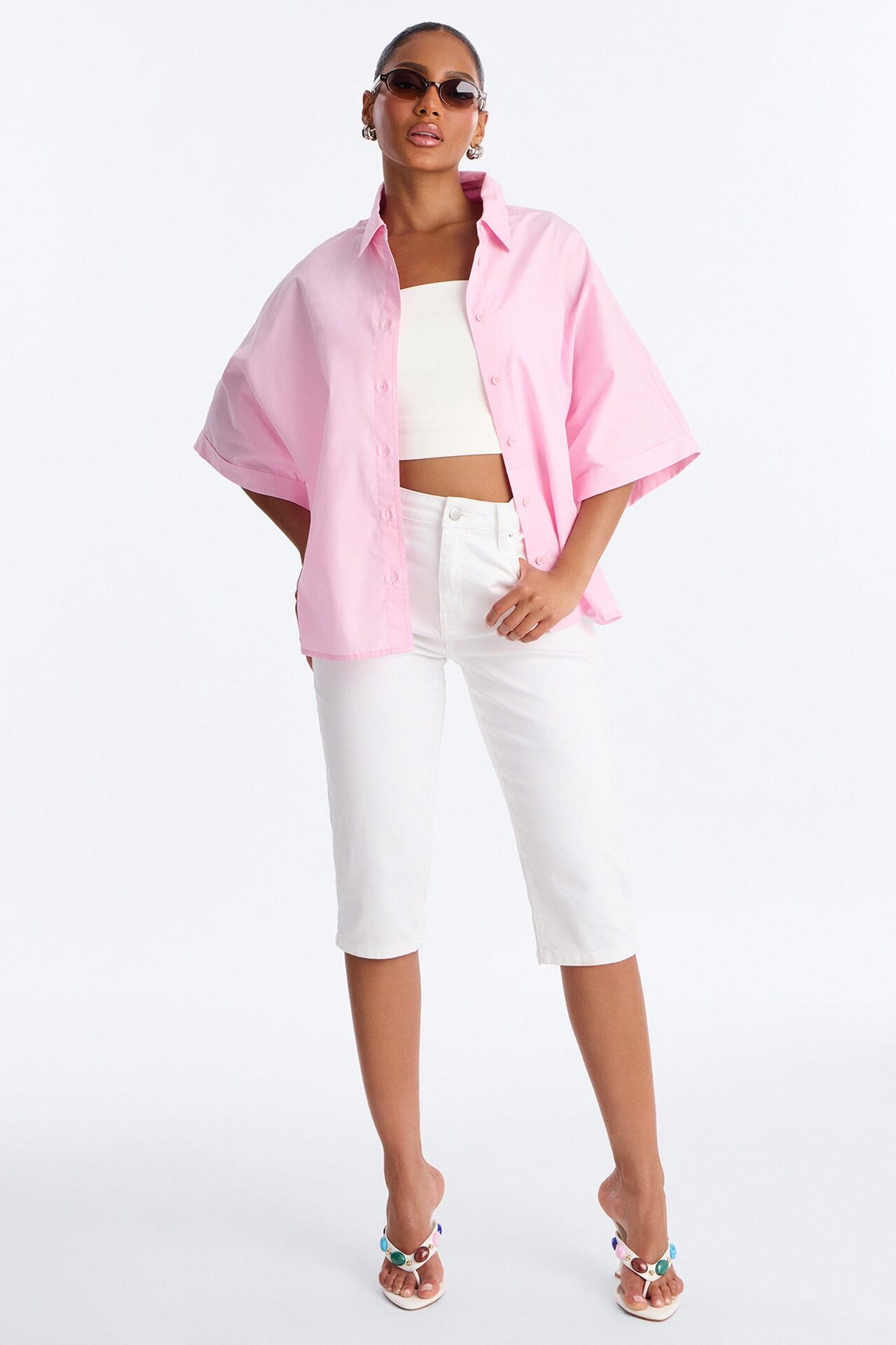 Sancie Oversized Poplin Button Up Shirt - Pink