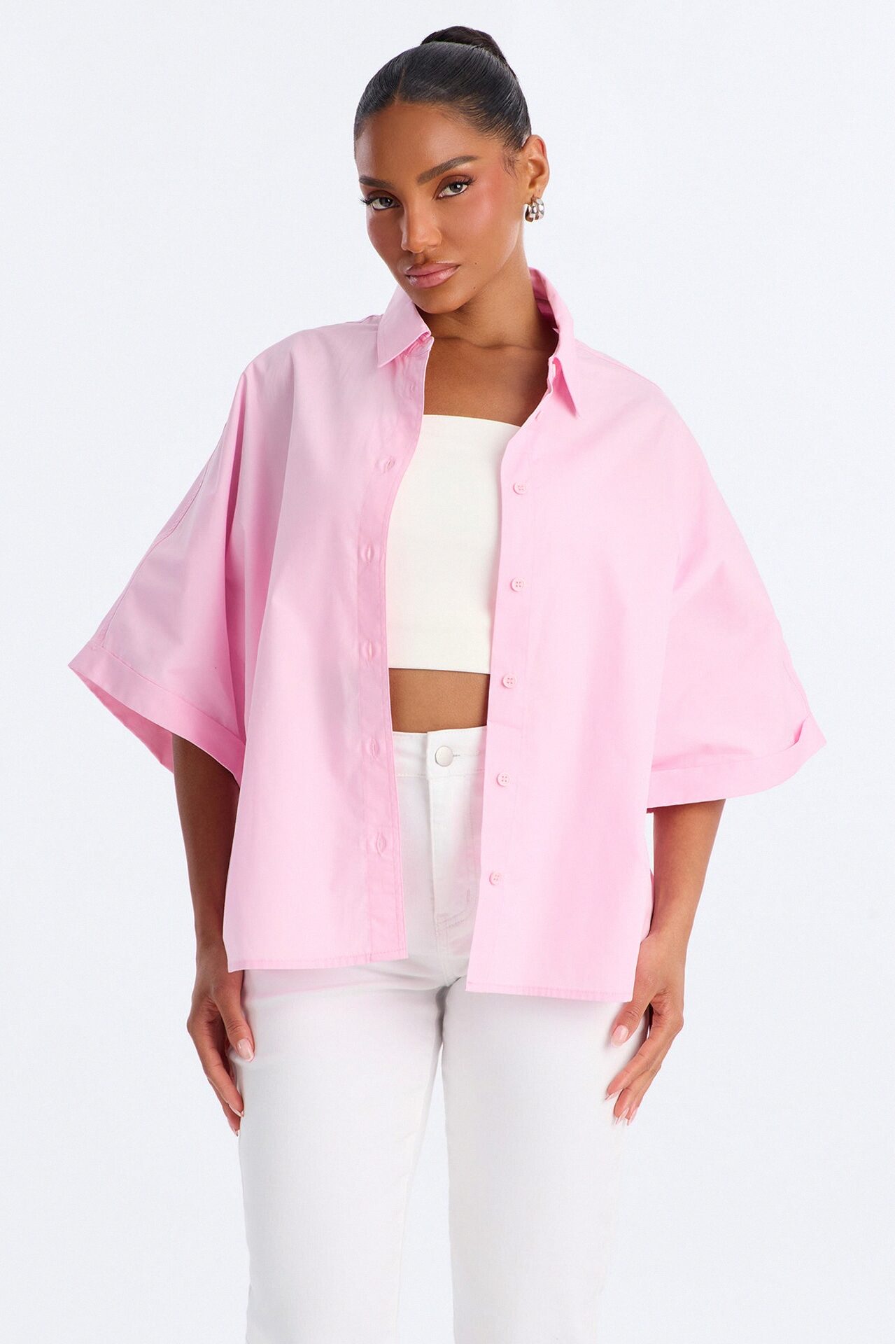 Sancie Oversized Poplin Button Up Shirt - Pink