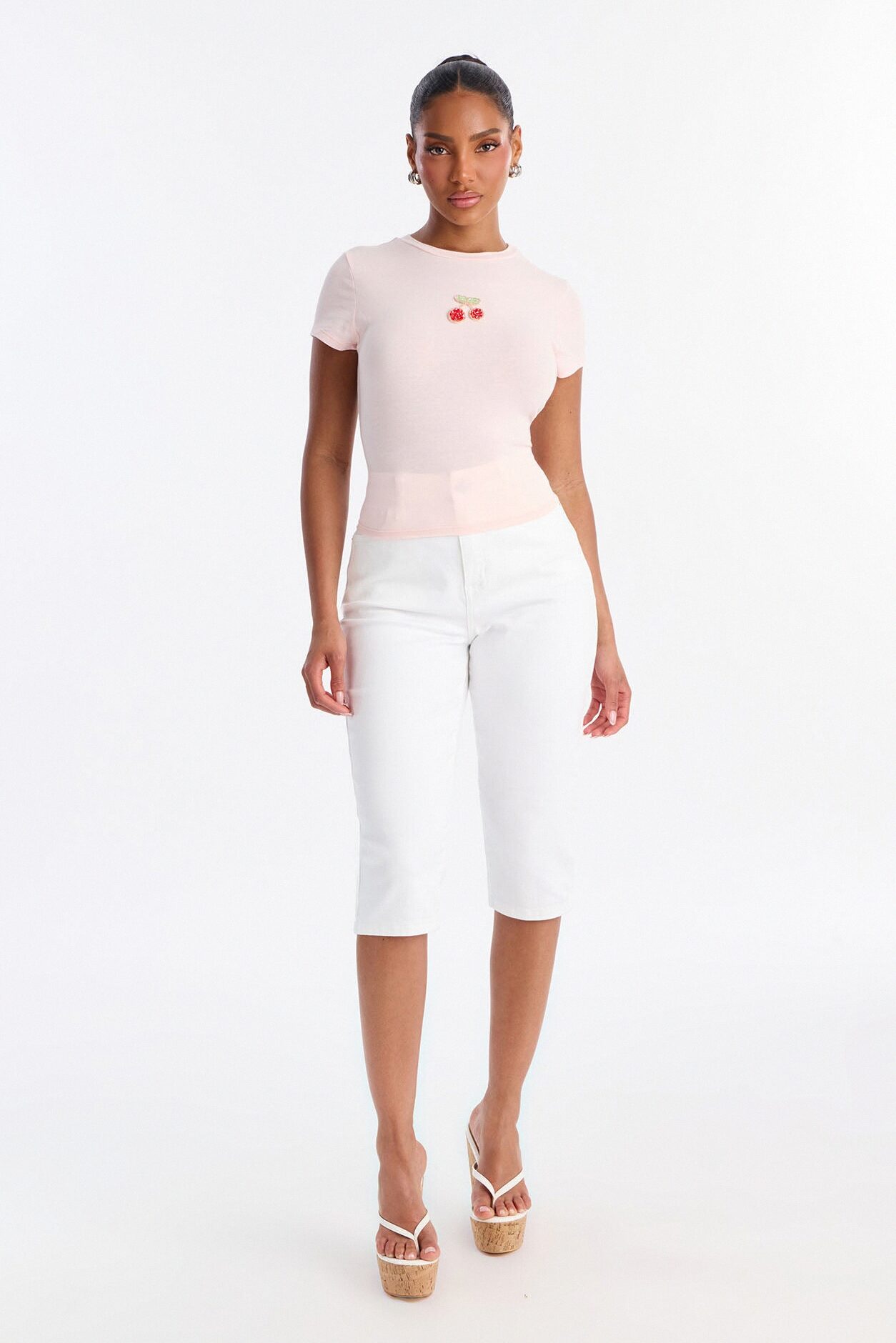 Cherry Embellished Baby Tee - Light Pink