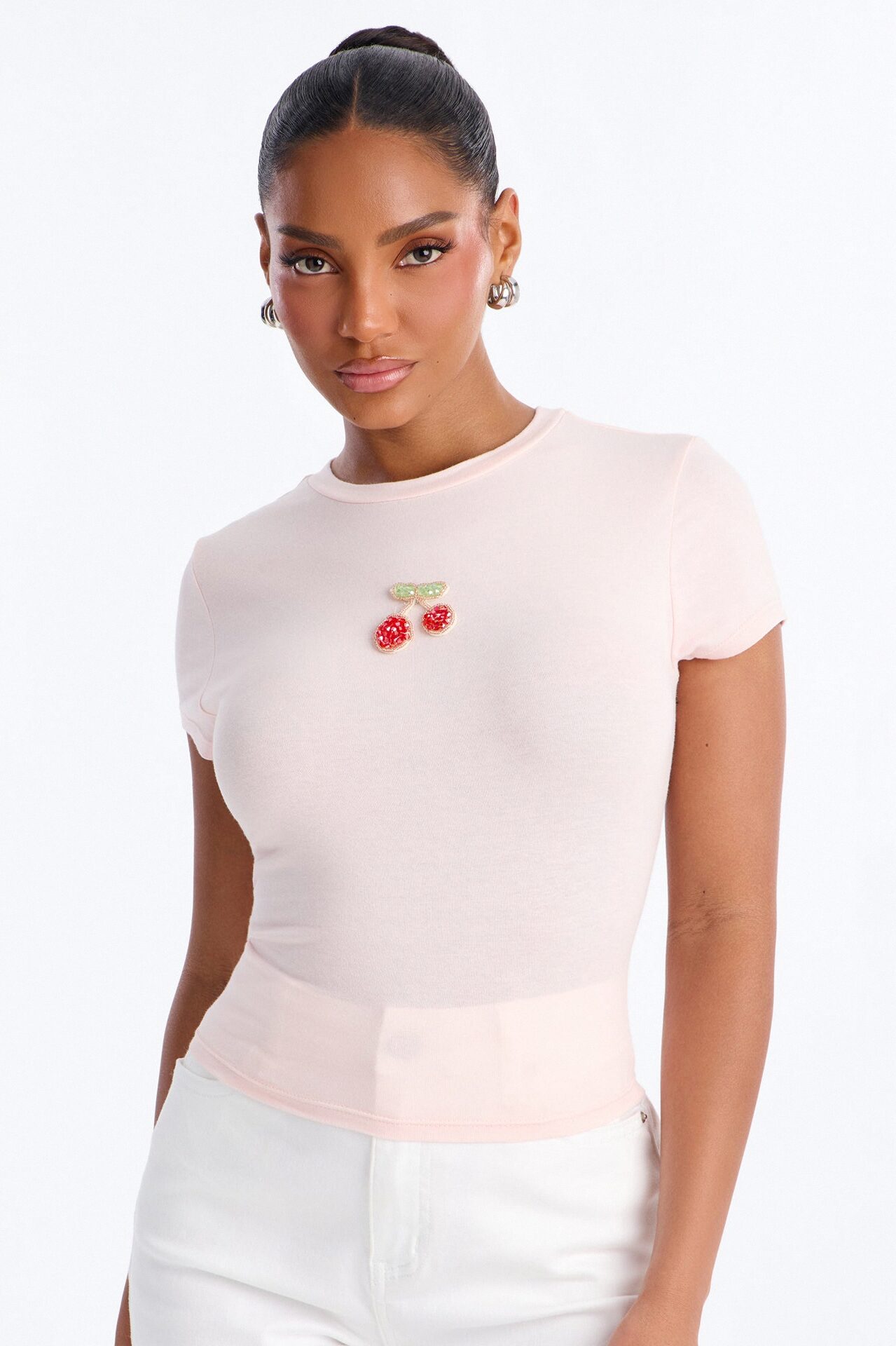 Cherry Embellished Baby Tee - Light Pink
