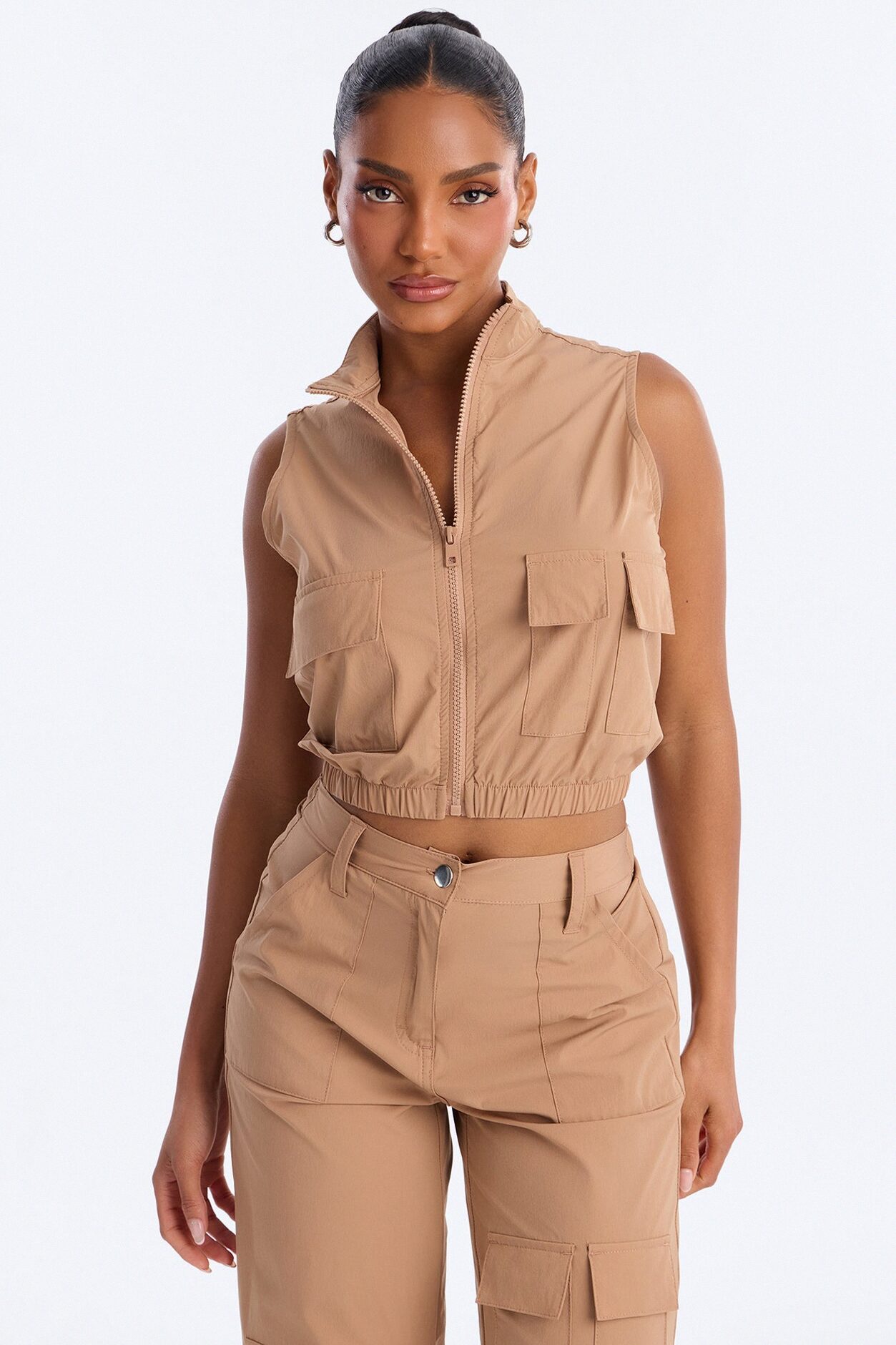 Nessa Nylon Cargo Sleeveless Vest Pant Set - Tan