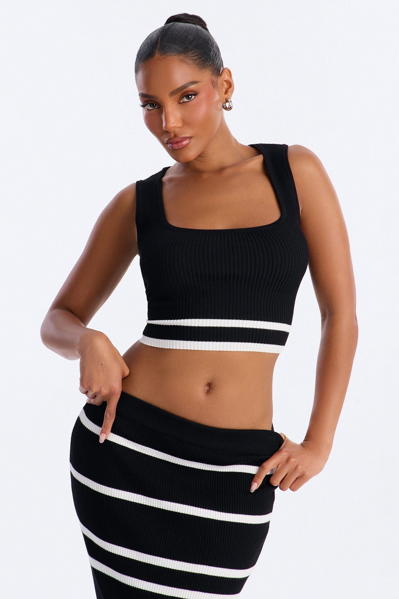 Renee Striped Sweater Ruffle Maxi Skirt Set - Black