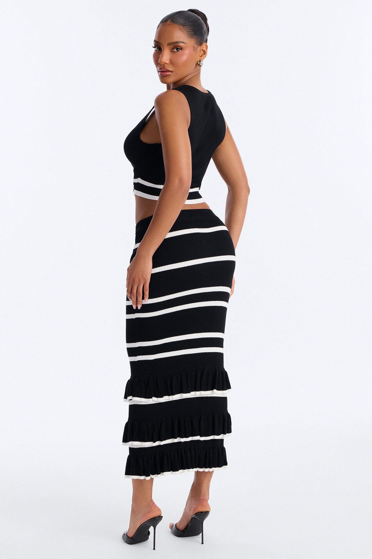 Renee Striped Sweater Ruffle Maxi Skirt Set - Black