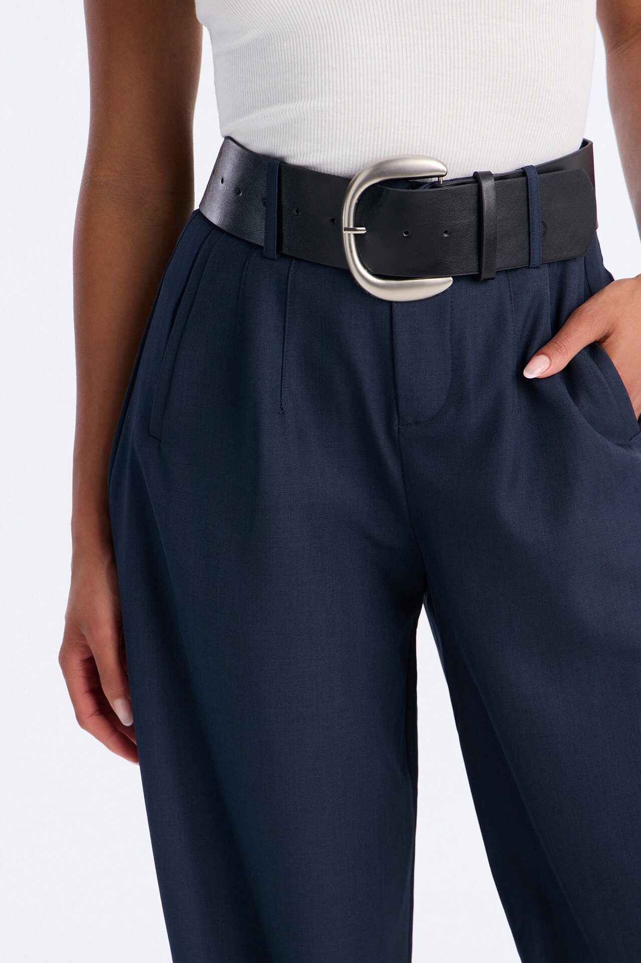 Rebecca Belted Barrel Trouser Pants - Navy
