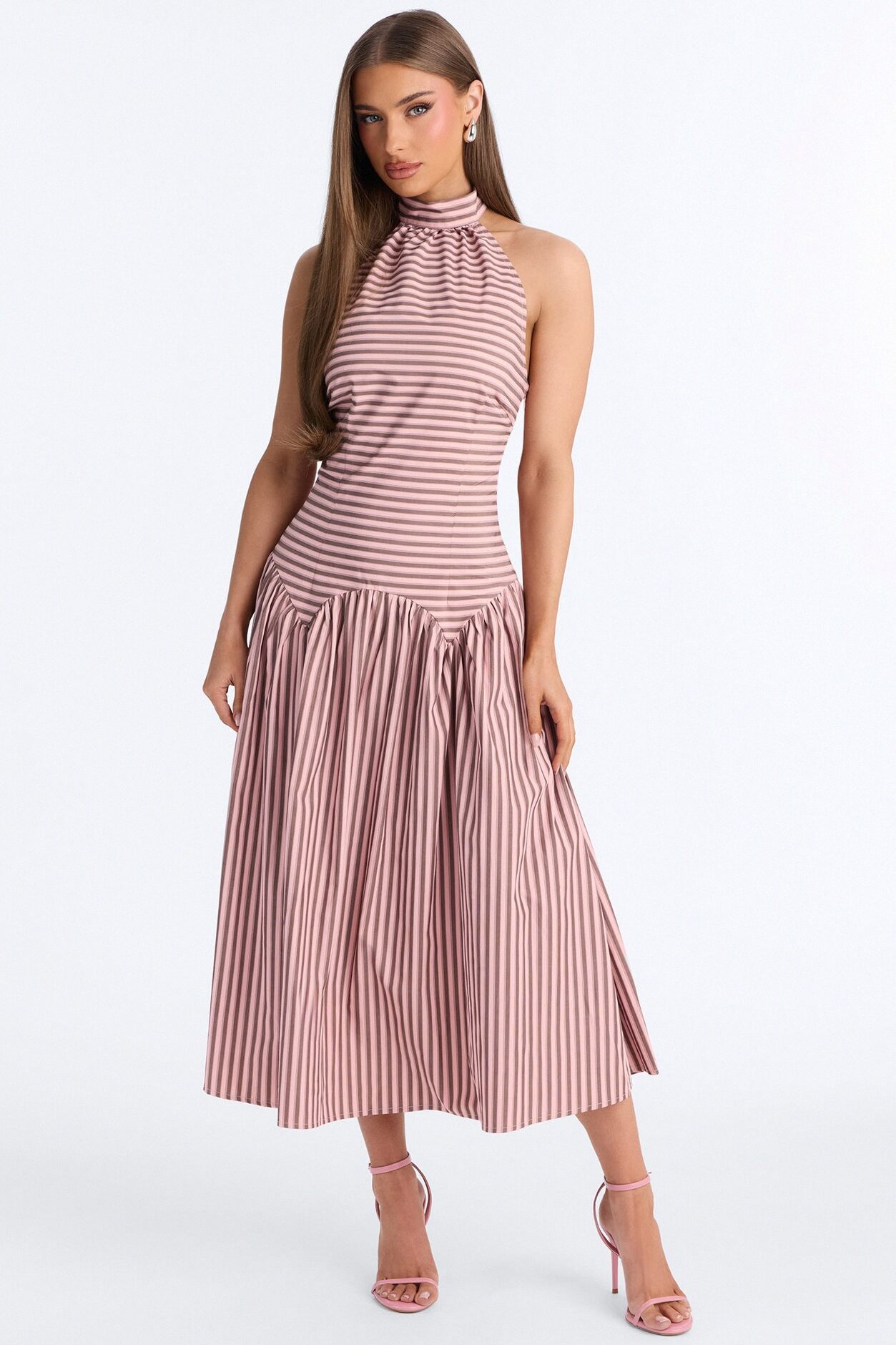 Clara Pleated Striped Midi Dress - Pink/combo