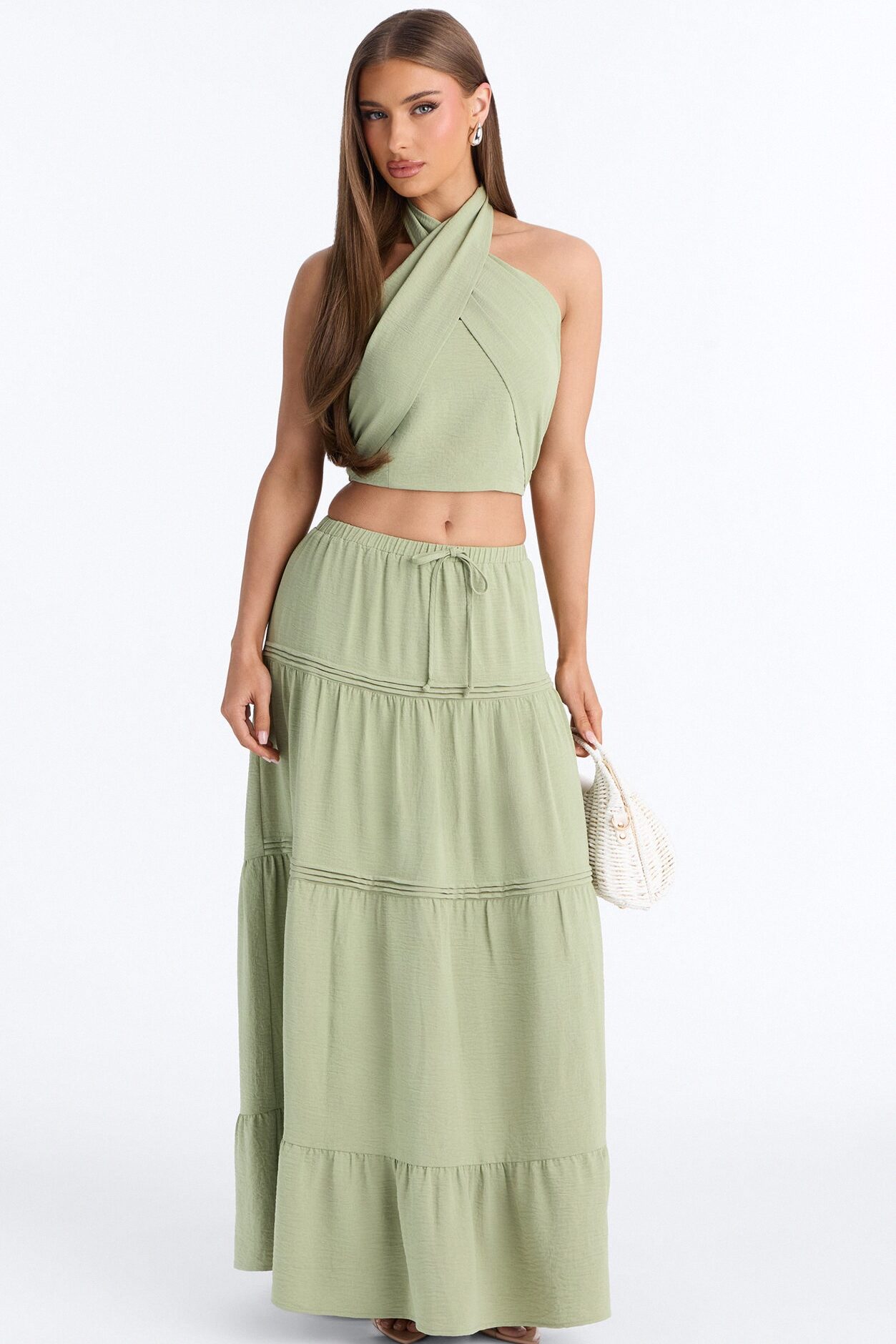 Subtle Attraction Halter Maxi Skirt Set - Sage