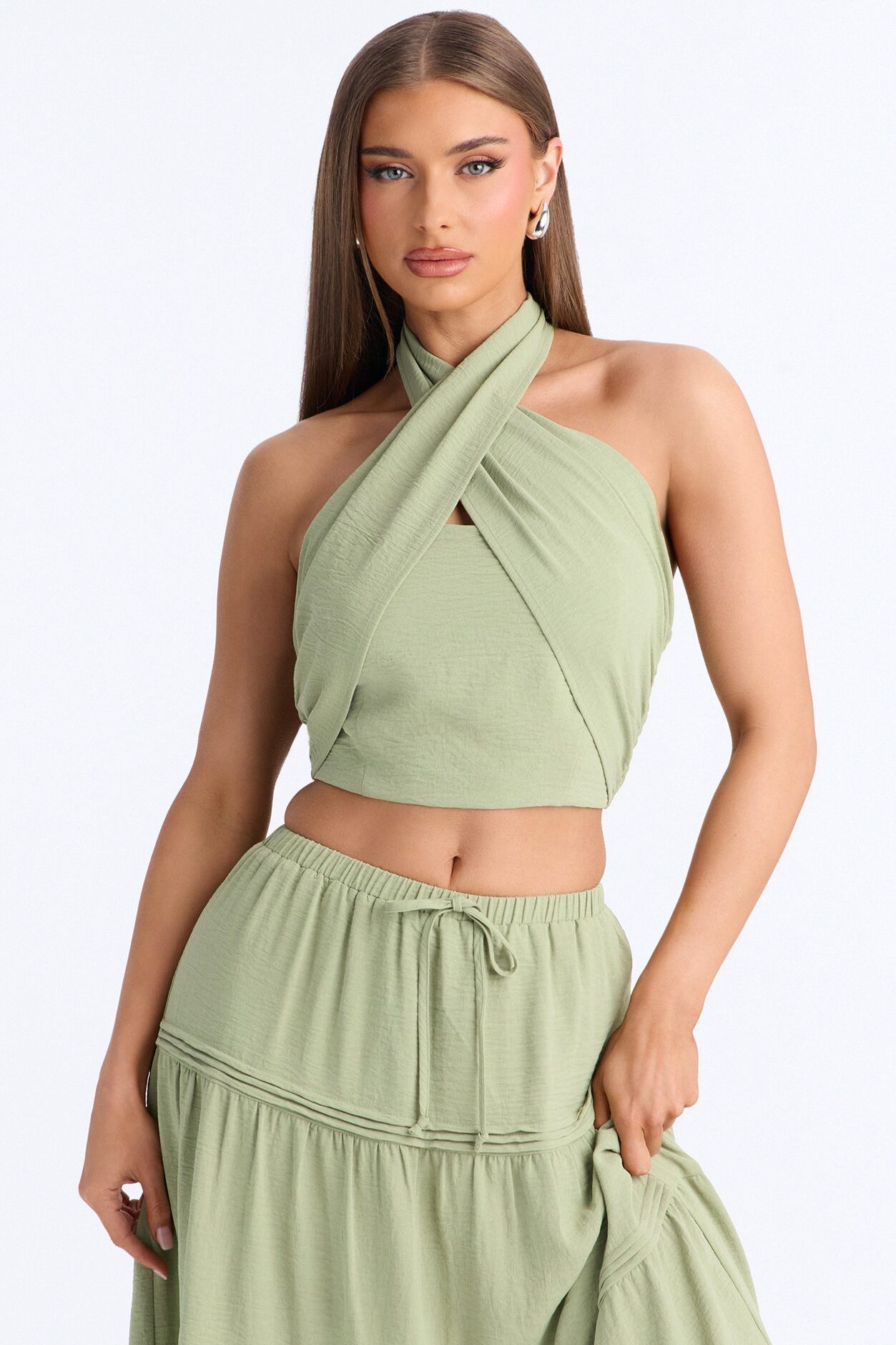 Subtle Attraction Halter Maxi Skirt Set - Sage
