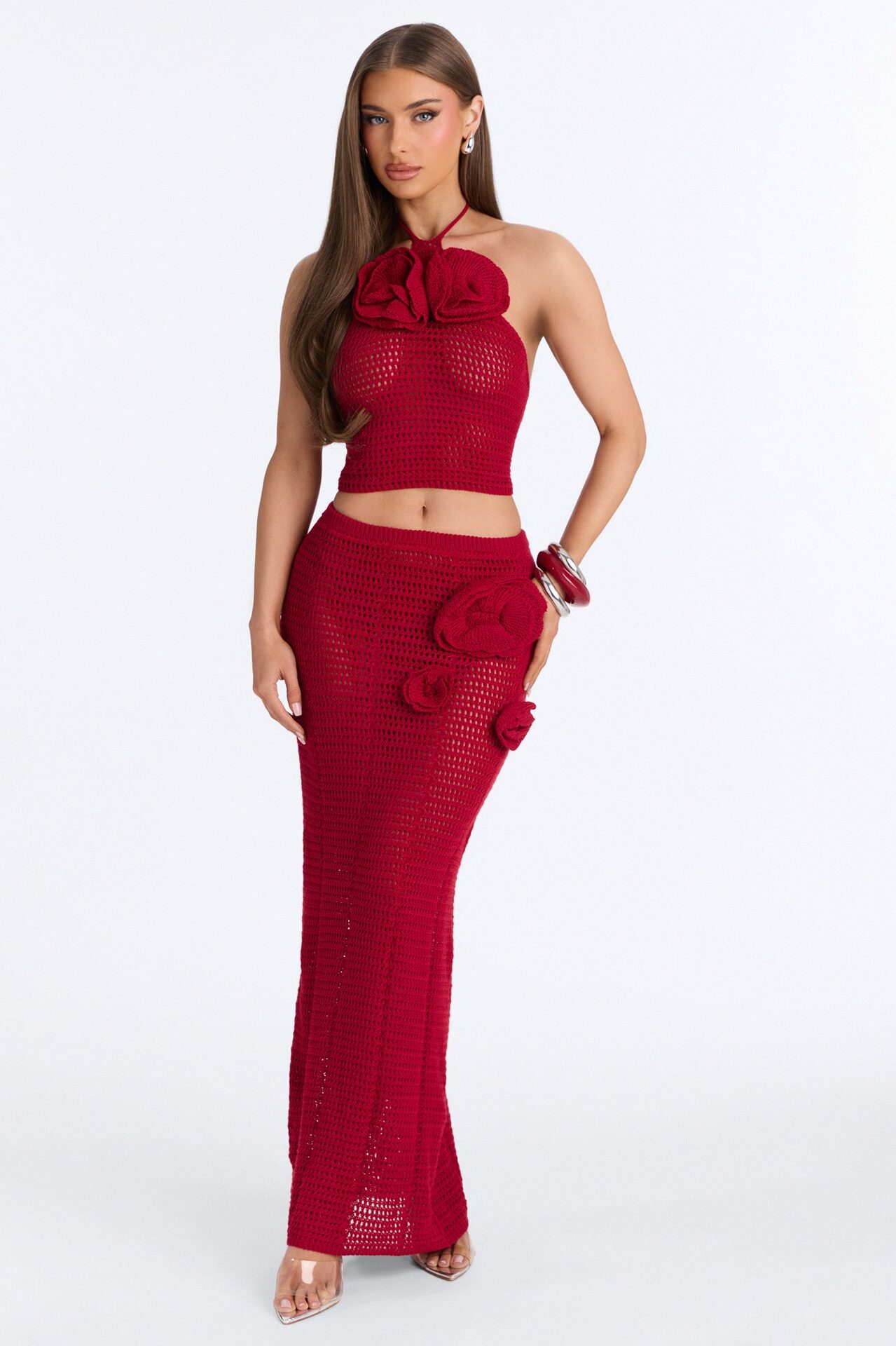 Sadie Floral Crochet Maxi Skirt Set - DarkRed