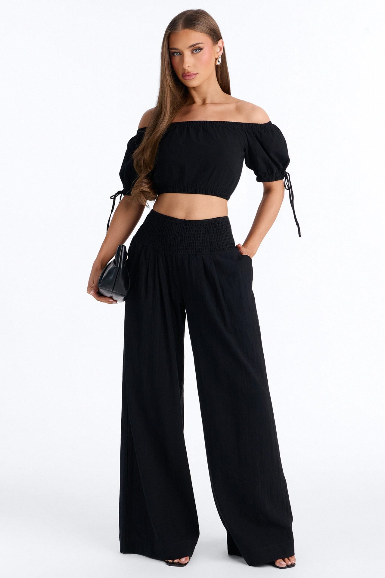 Chrissie Linen Smocked Pant Set - Black