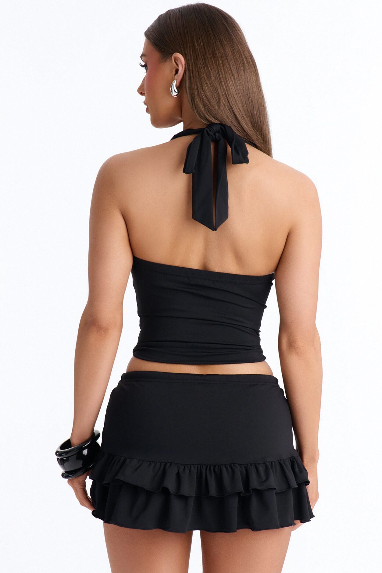 Sabrina Halter Top And Ruffle Mini Skirt Set - Black