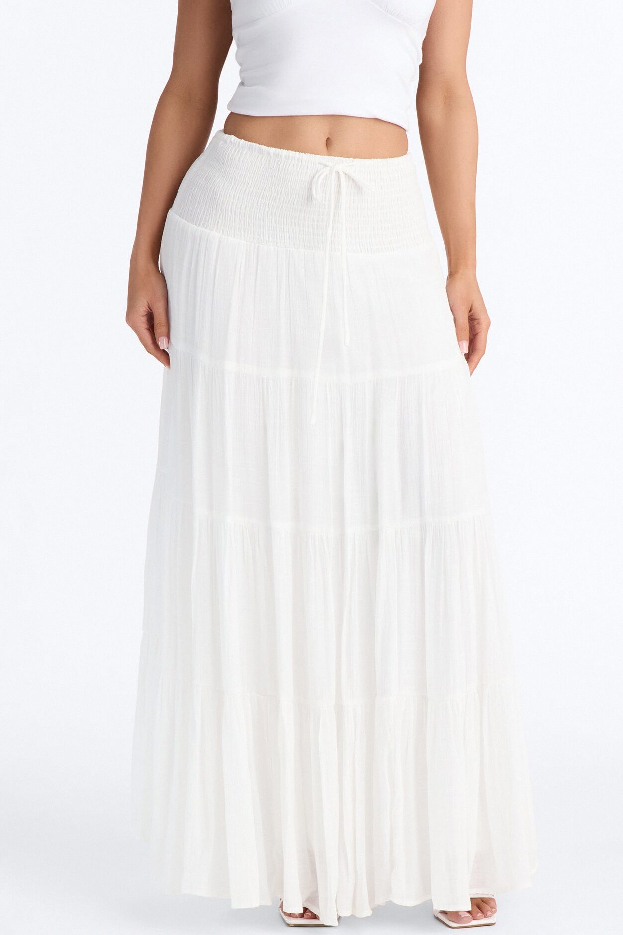California Coast Low Rise Smocked Gauze Maxi Skirt - White