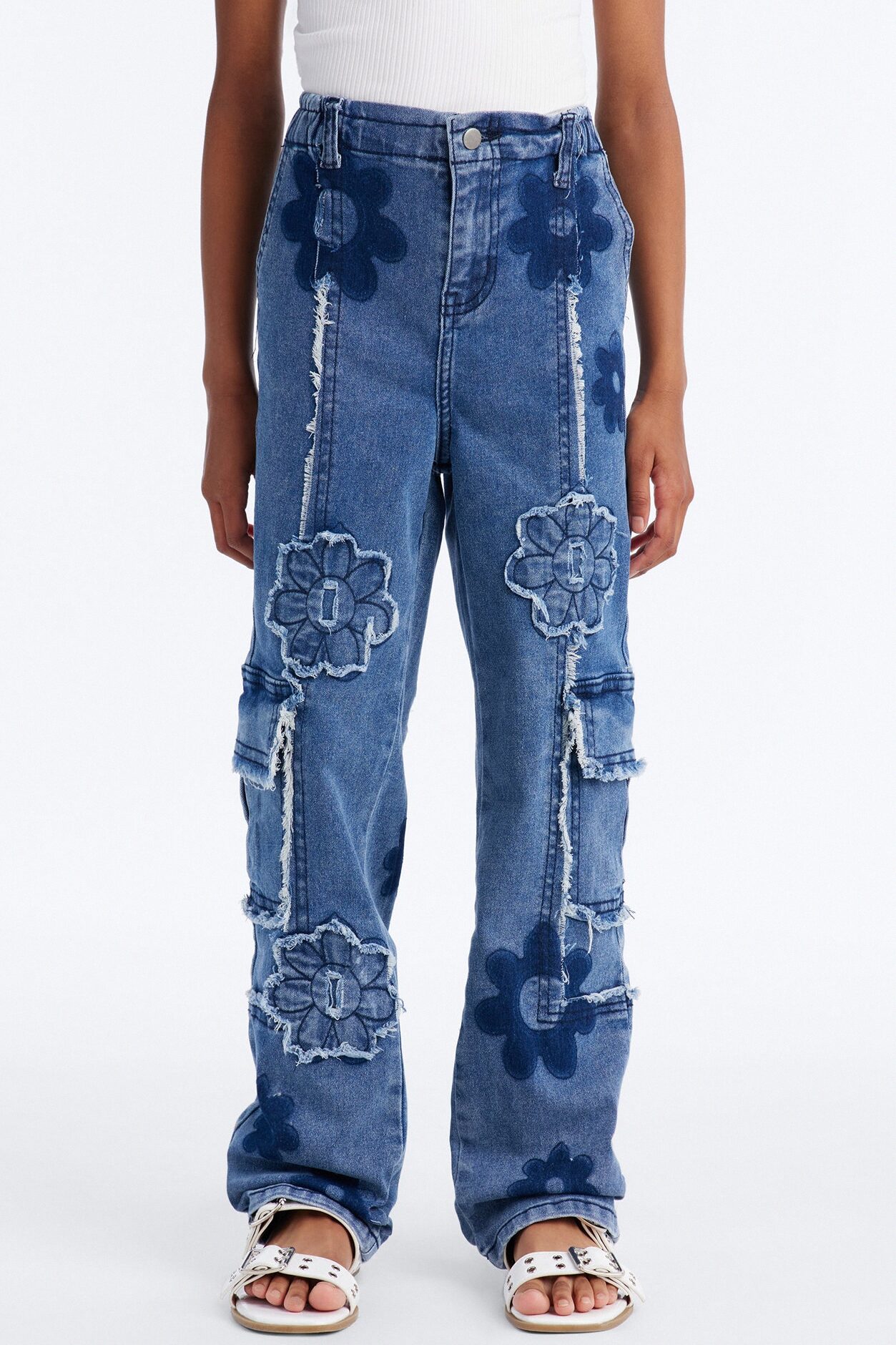 Mini Flower Power Cargo Jeans - Medium Wash