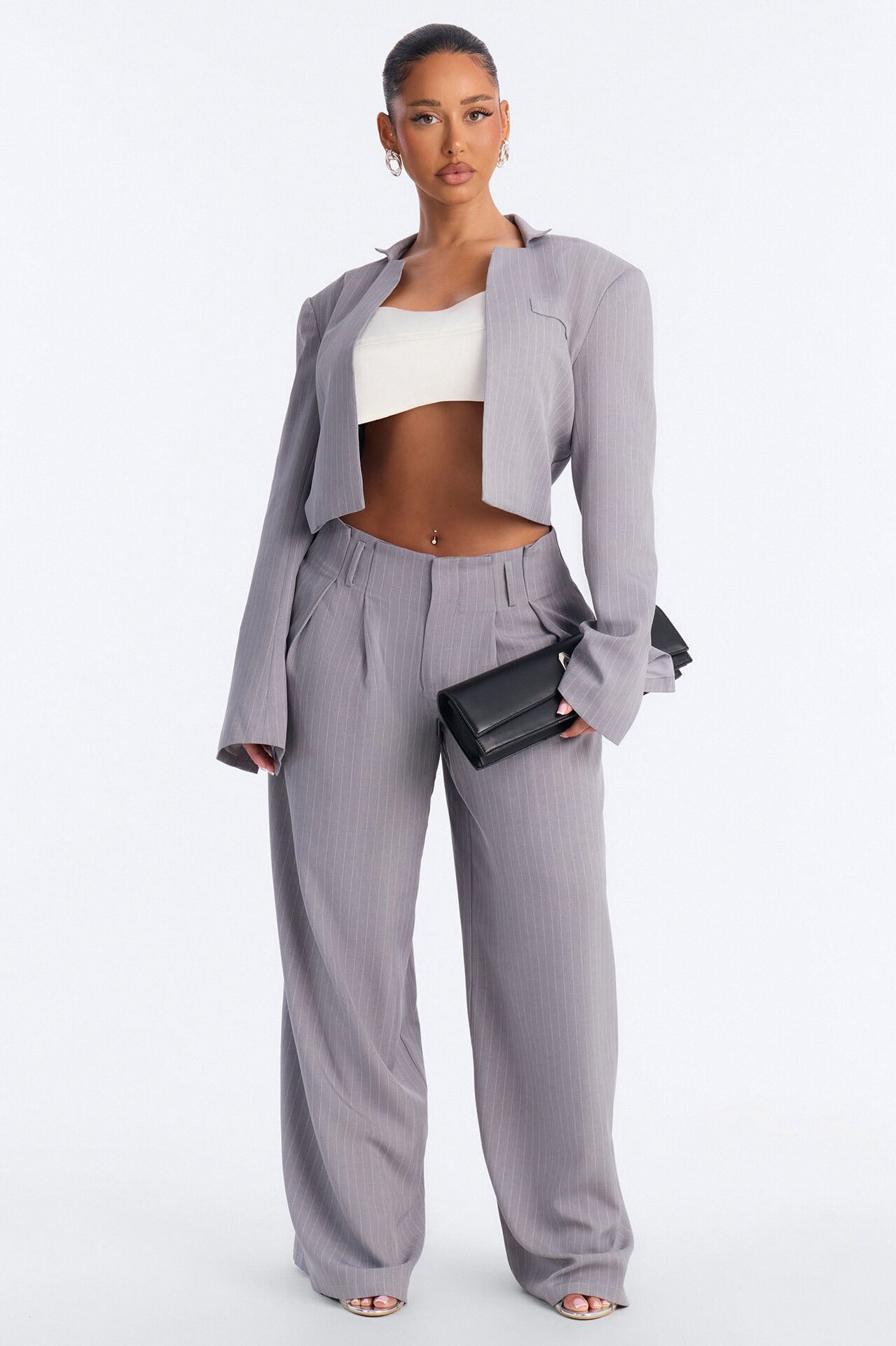 Ahmeira Cropped Pinstripe Blazer - Grey/combo