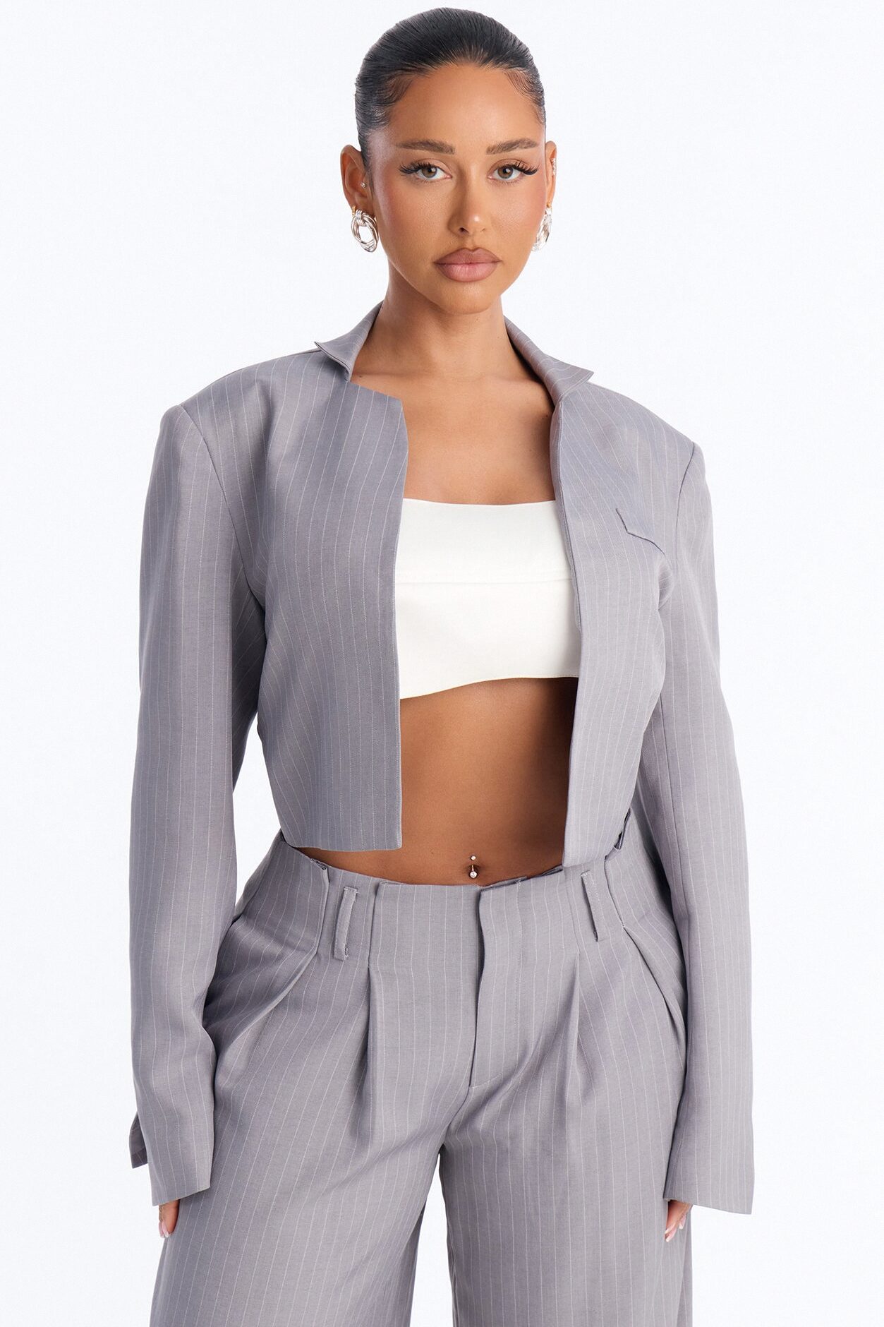 Ahmeira Cropped Pinstripe Blazer - Grey/combo