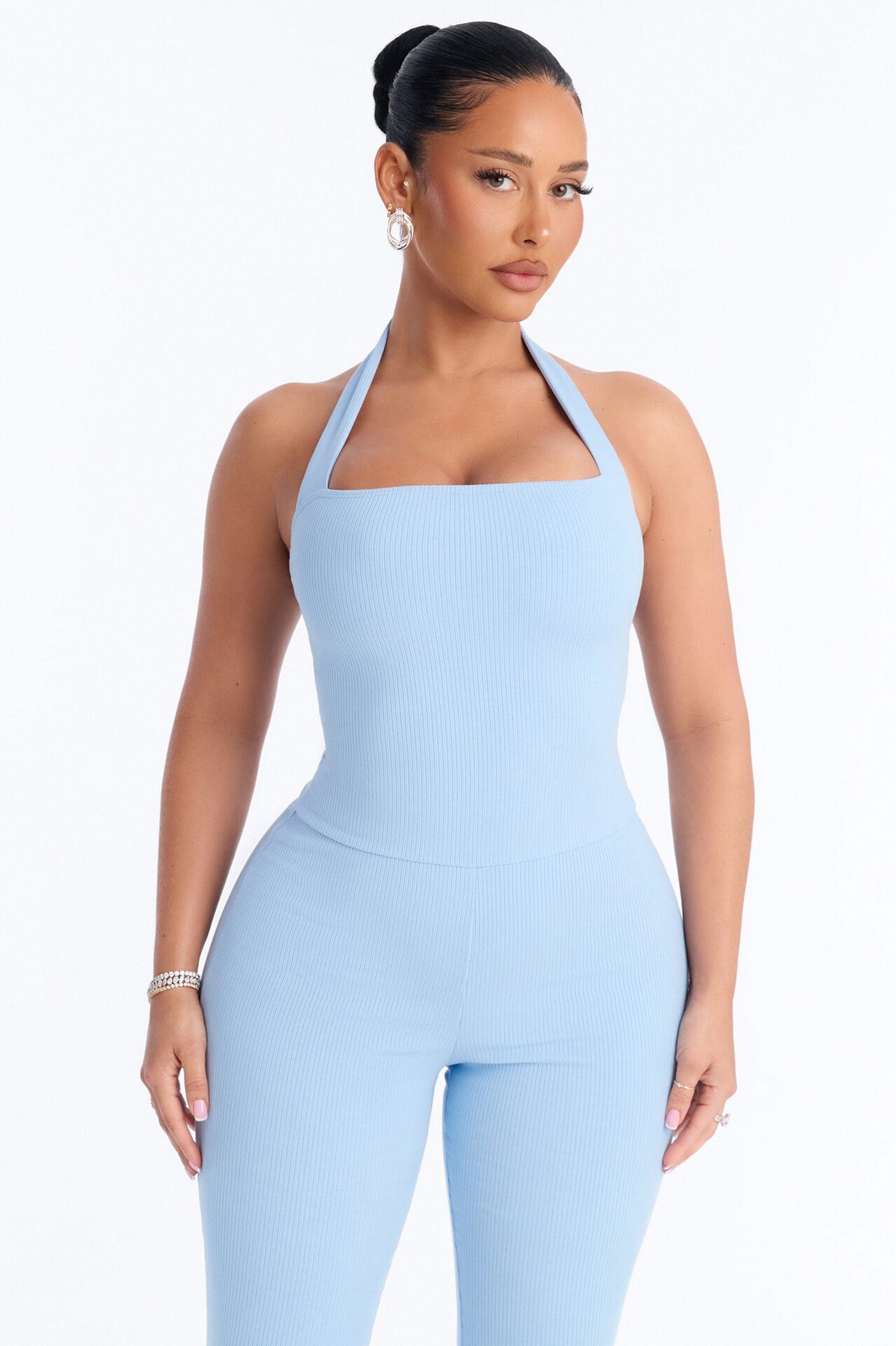Amara Snatched Halter Jumpsuit - Light Blue