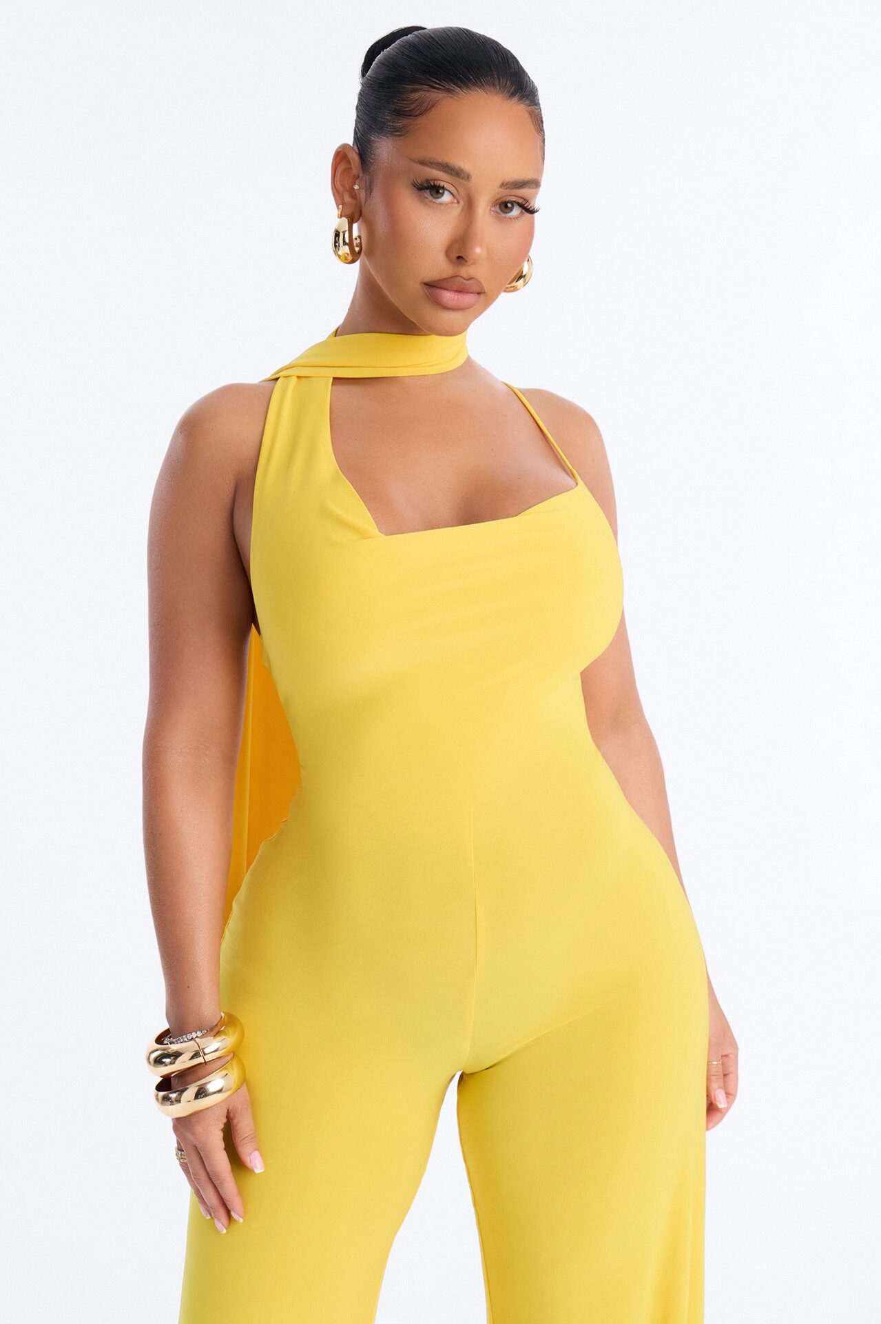 Maliyah Draped Scarf Wide Leg Jumpsuit - Yellow