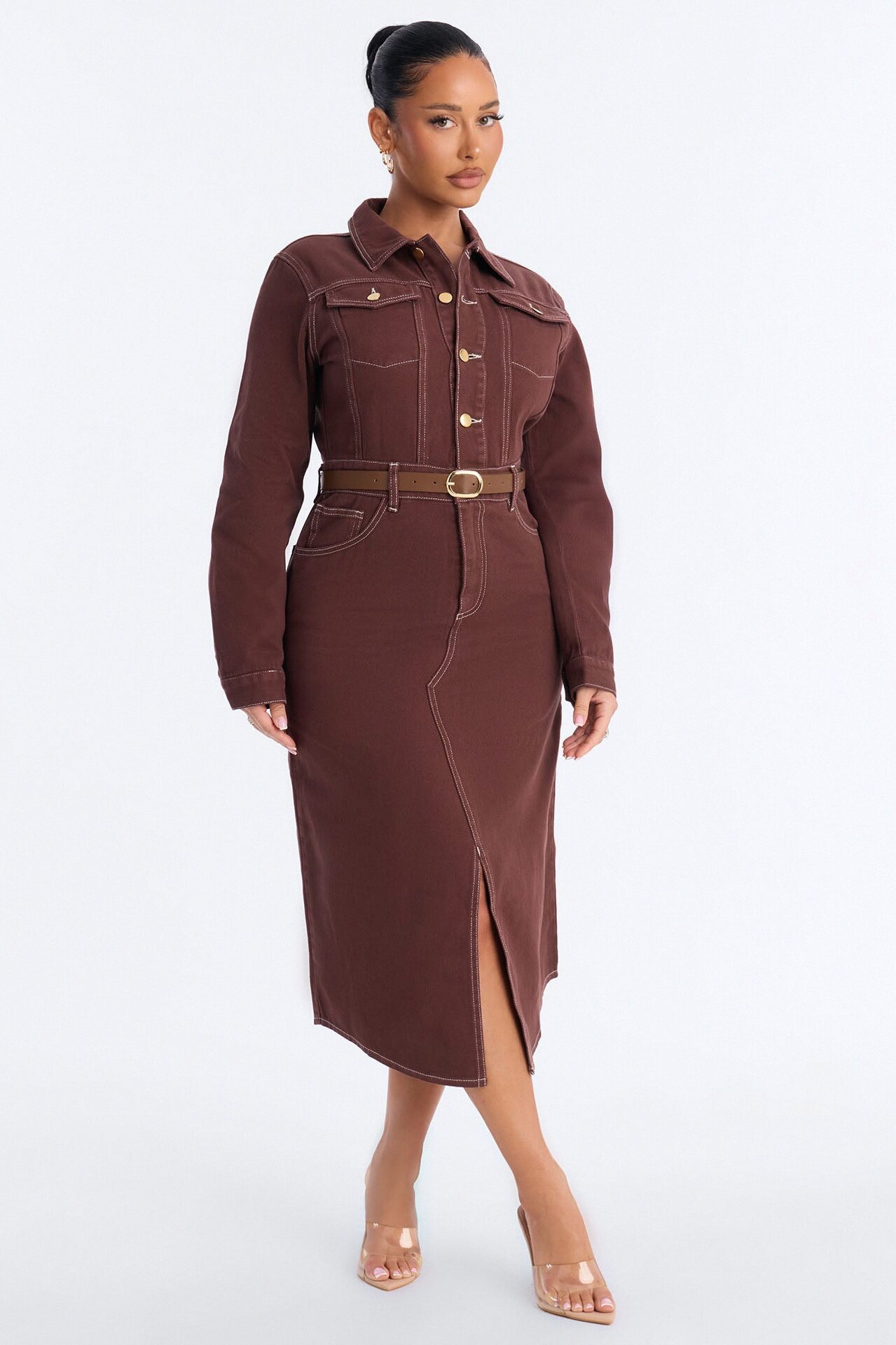 Harper Belted Denim Midi Dress - Brown