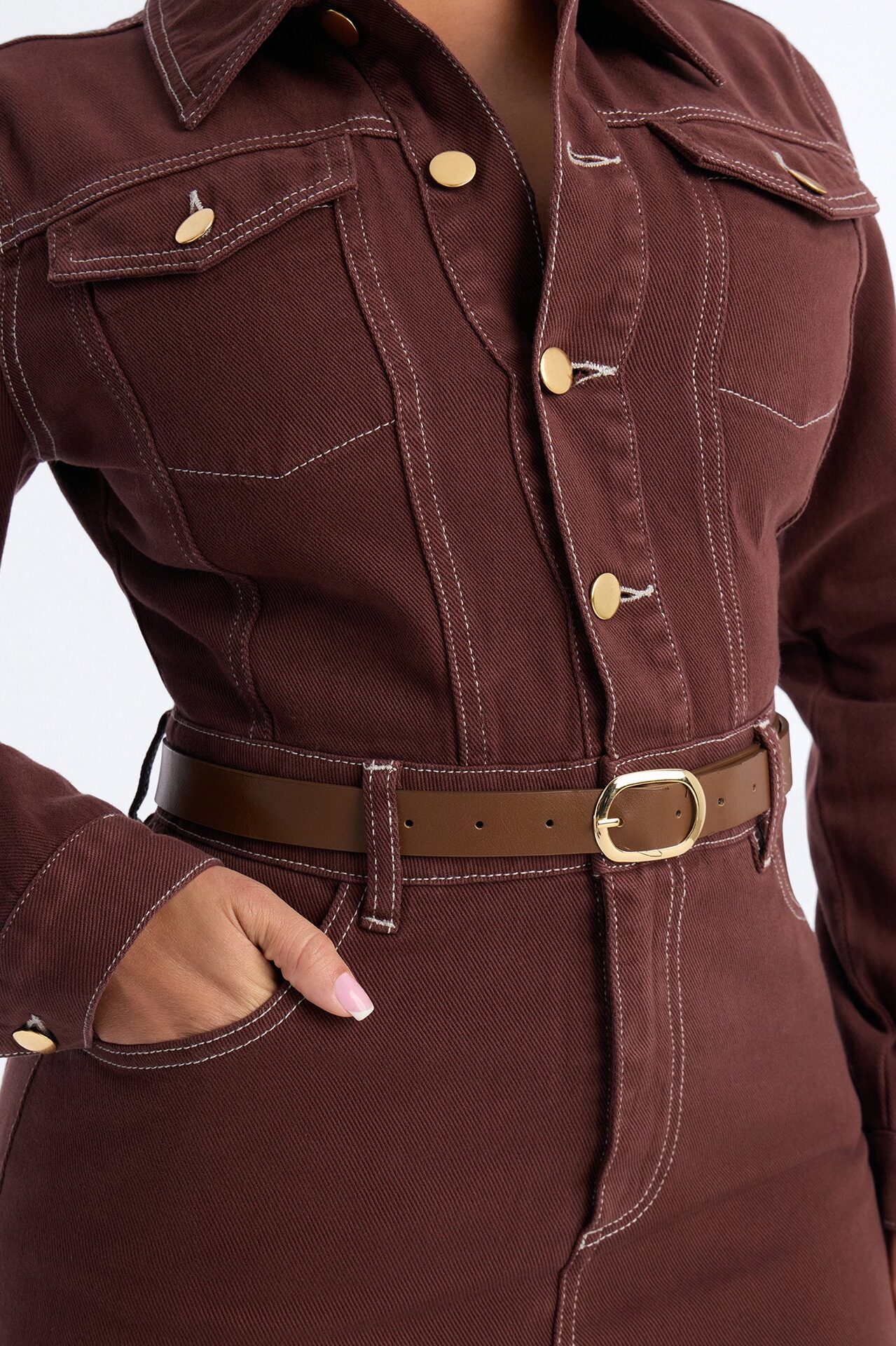 Harper Belted Denim Midi Dress - Brown