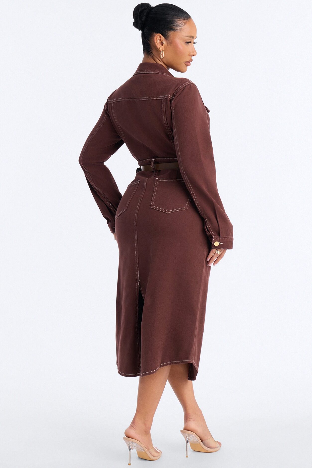 Harper Belted Denim Midi Dress - Brown