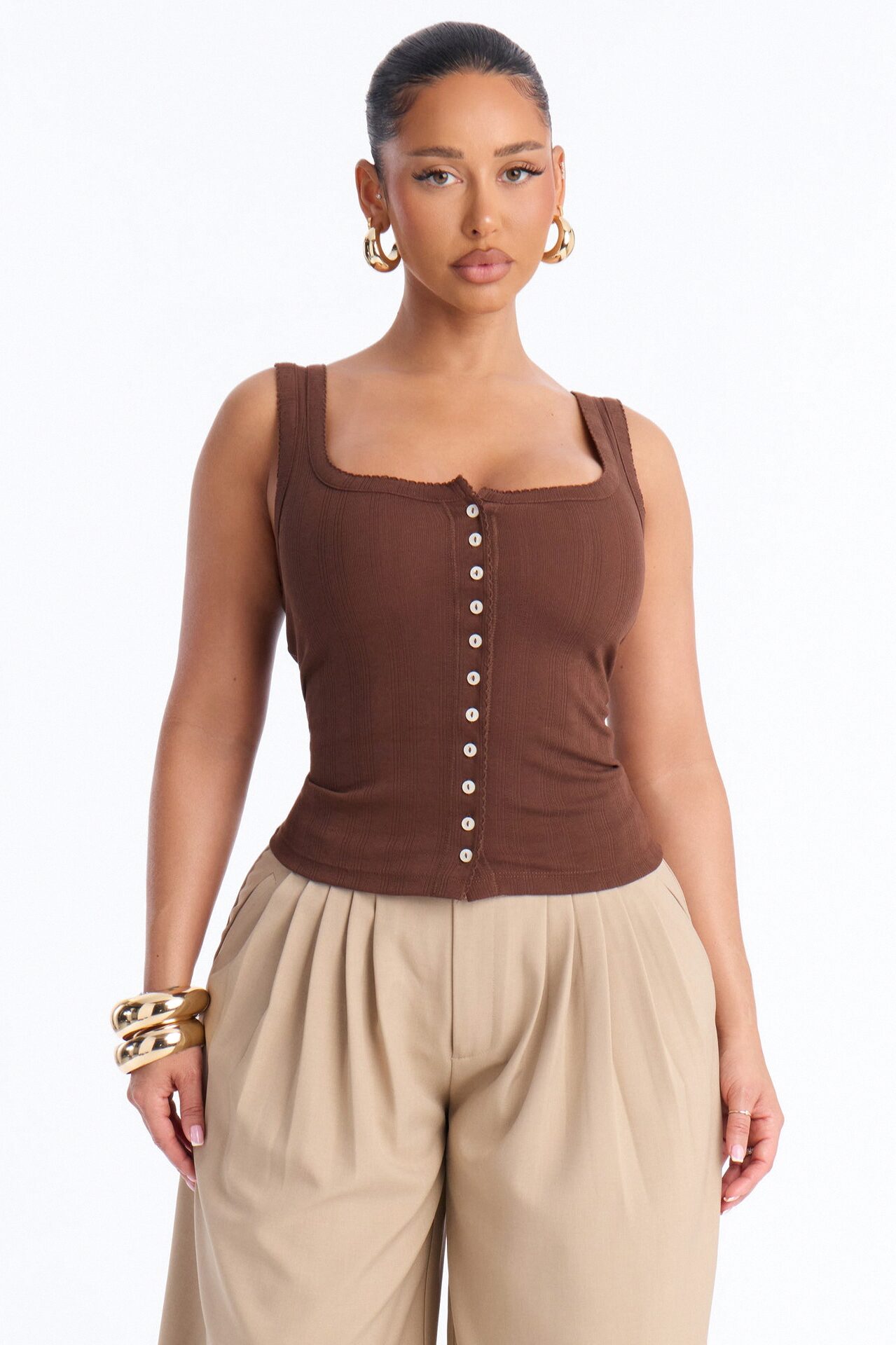 Pointelle Button Front Scoop Neck Tank Top - Chocolate