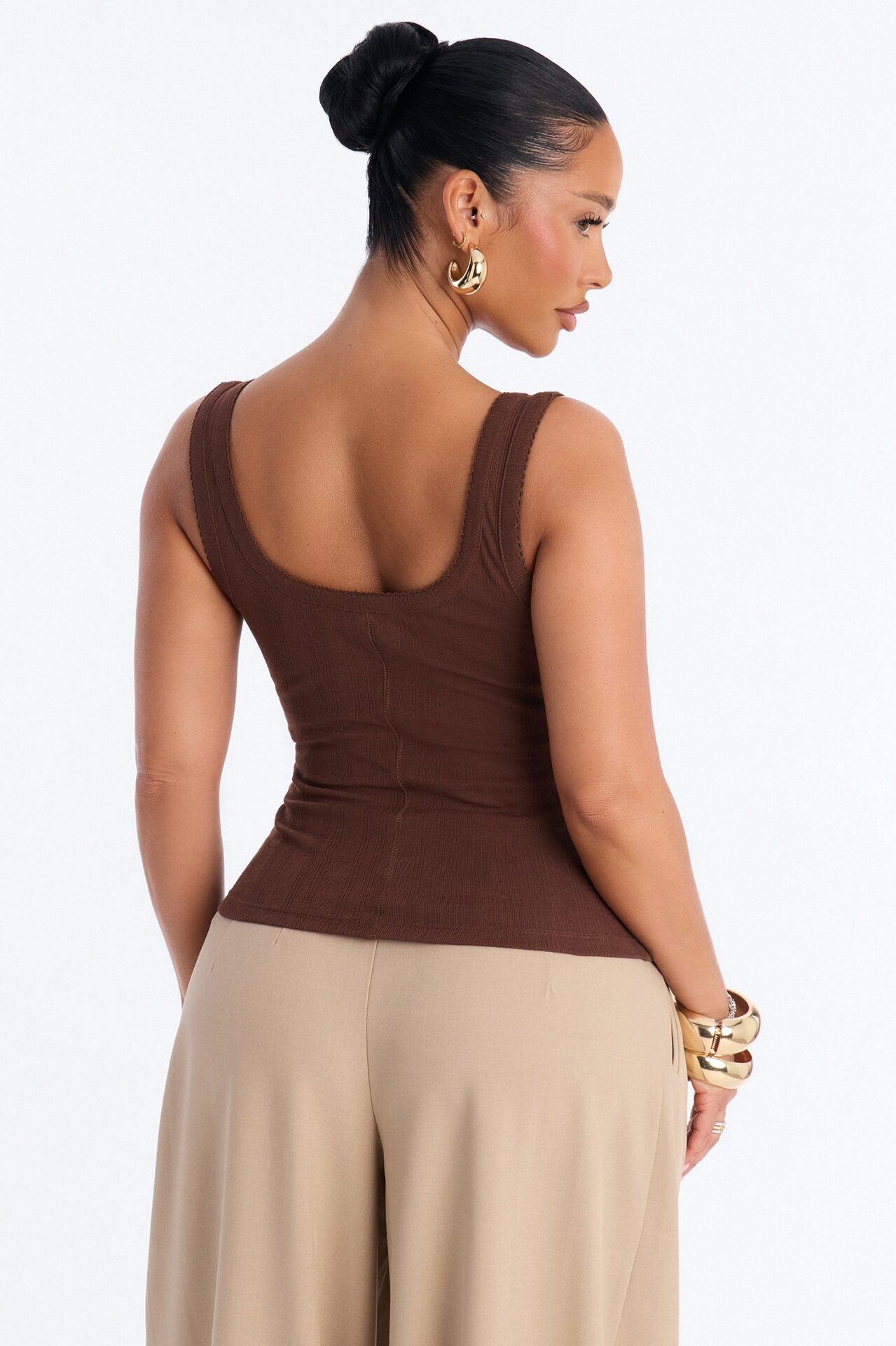 Pointelle Button Front Scoop Neck Tank Top - Chocolate