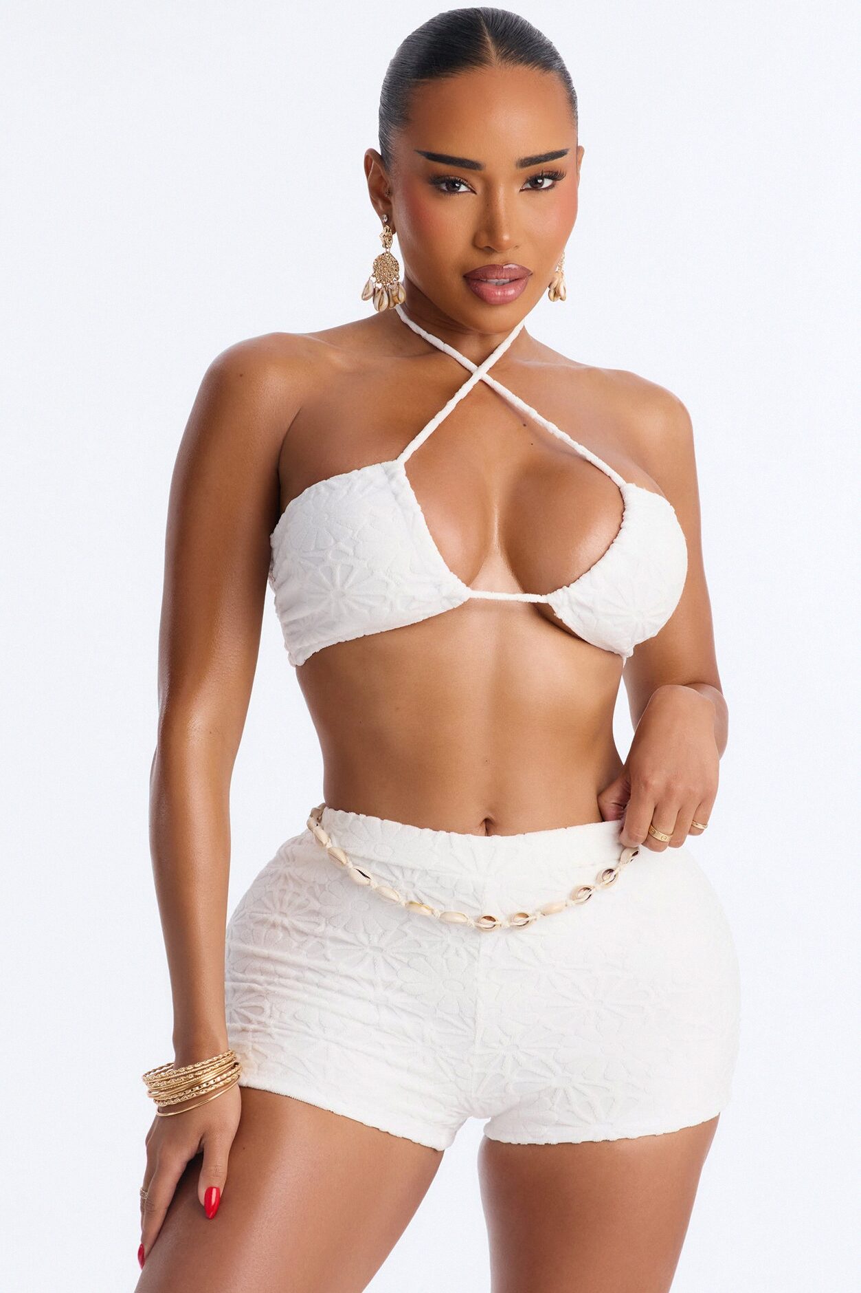Leia Criss Cross Halter Boy Shorts 2 Piece Bikini - White