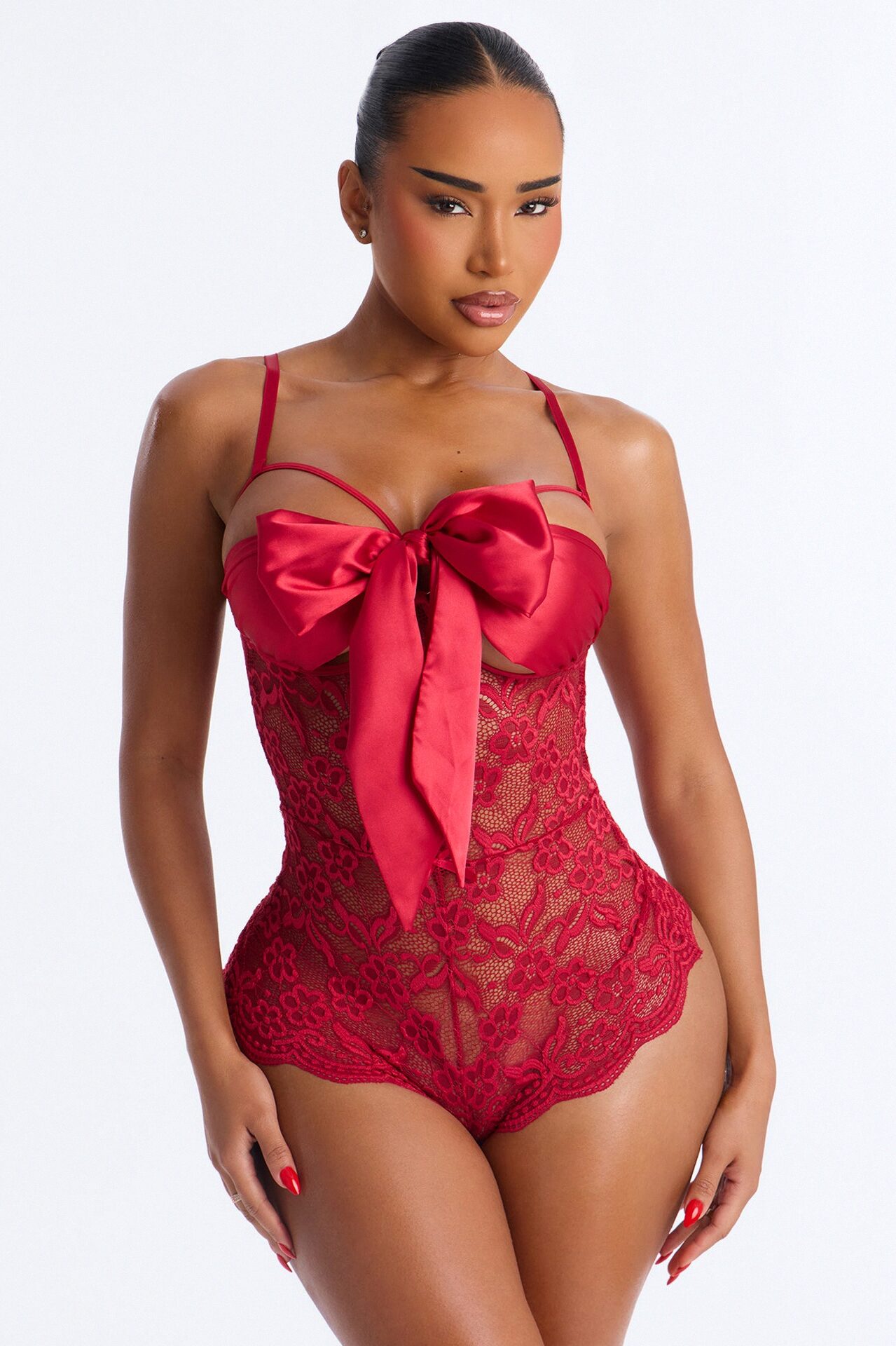 Sweet And Subtle Lace Open Cup Crotchless Teddy - Red