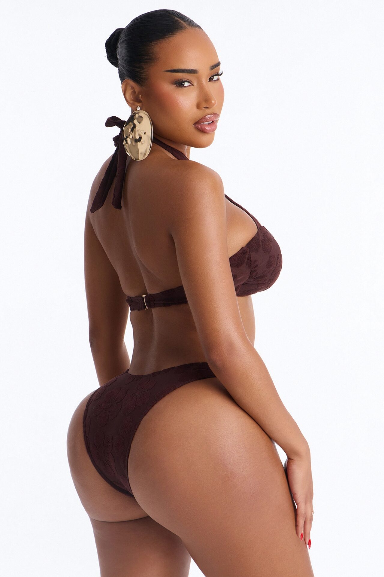 Coconut Drip Textured Hibiscus 3 Piece Bikini Skirt Set - Brown
