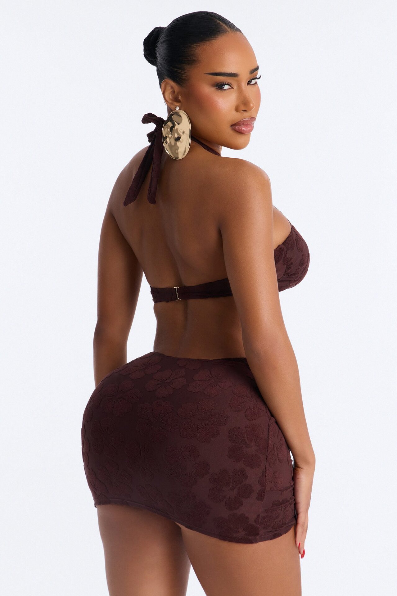 Coconut Drip Textured Hibiscus 3 Piece Bikini Skirt Set - Brown